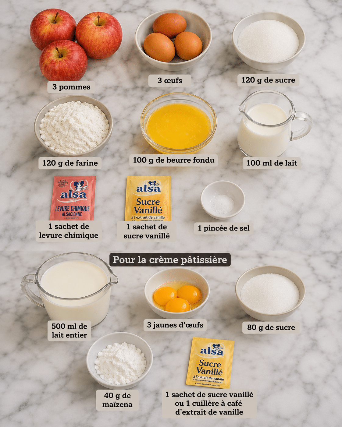 La Liste des Ingrédients :Gâteau Pommes et Crème Pâtissière : une recette fondante, crémeuse et facile