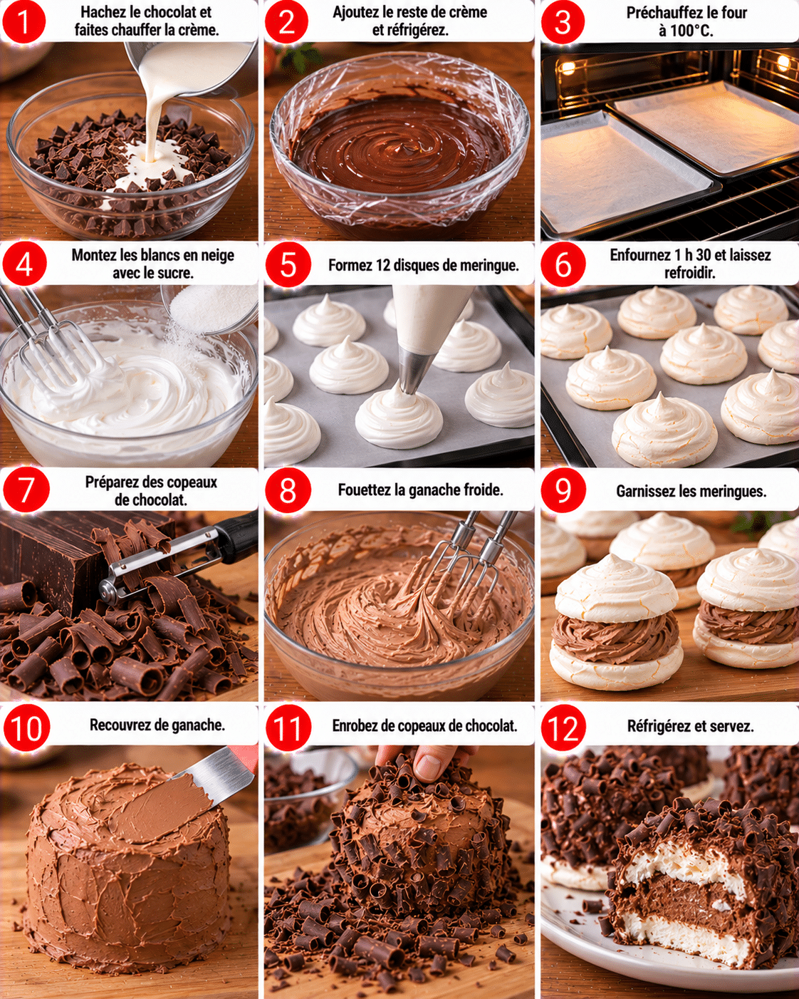 Guide de Préparation : Merveilleux au chocolat de Noël : meringues croquantes et ganache montée