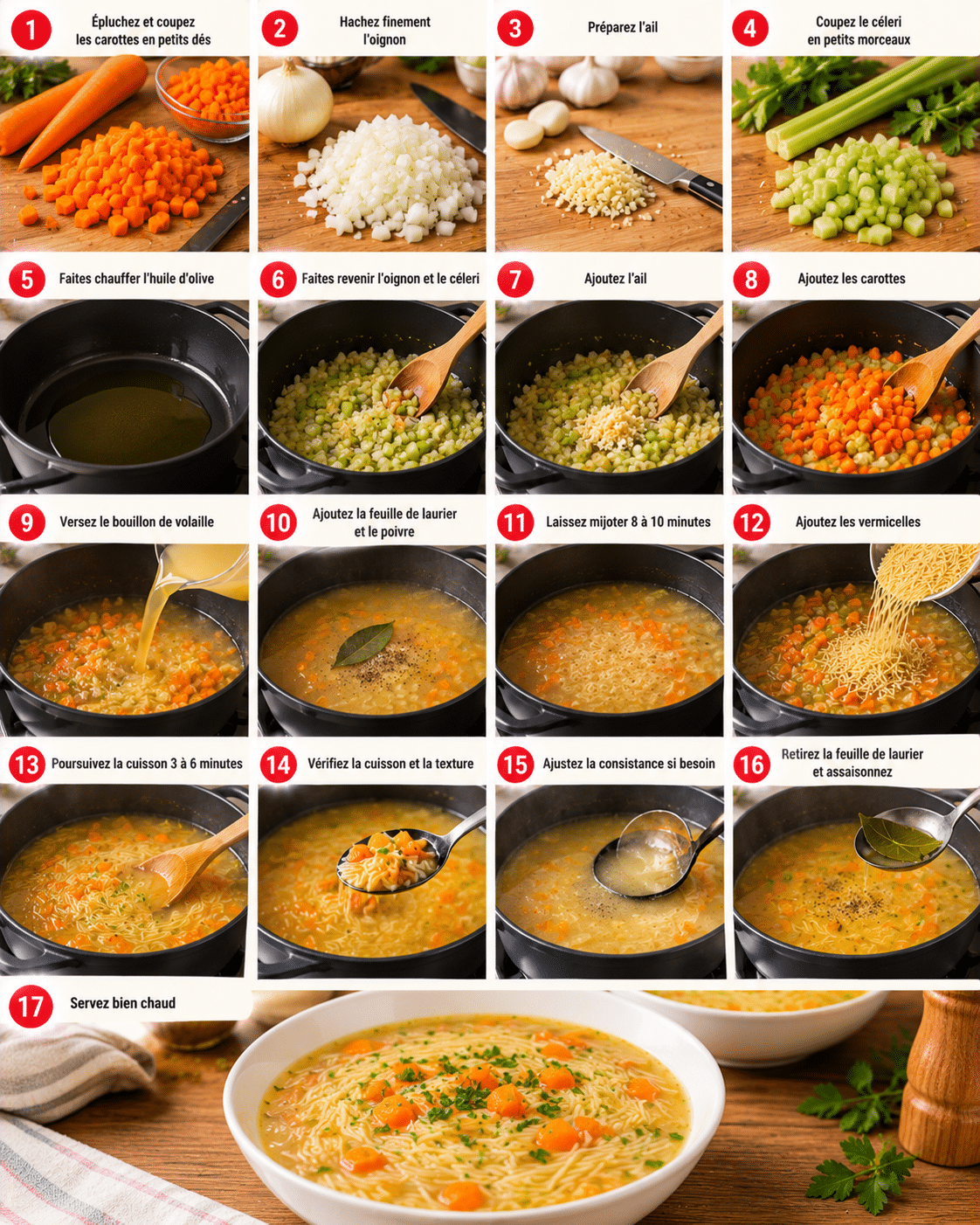 Guide de Préparation :Soupe de vermicelles de grand-mère : recette traditionnelle au bouillon de volaille et légumes