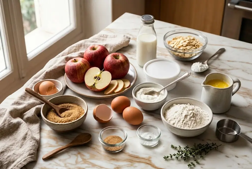 Ingrédients frais disposés sur un plan de travail en marbre blanc pour la recette du gâteau aux pommes au mascarpone