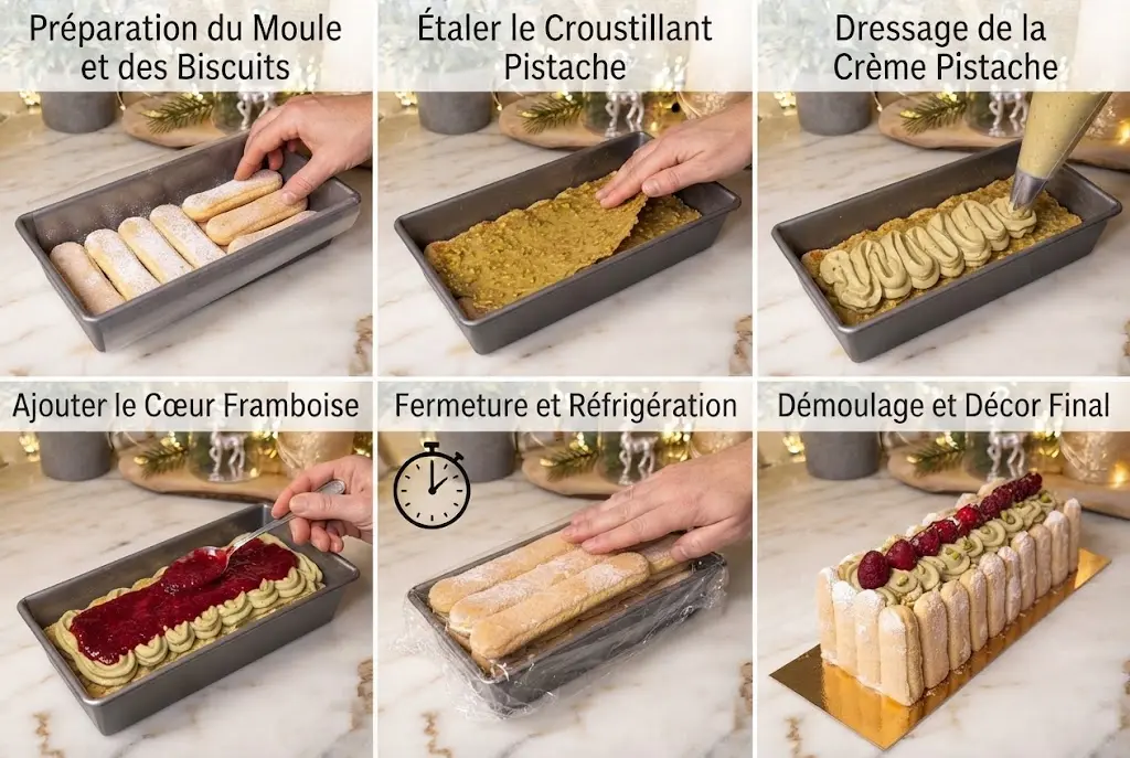 Visuel du côté de la bûche charlotte mettant en valeur l'alignement des biscuits à la cuillère saupoudrés de sucre glace.