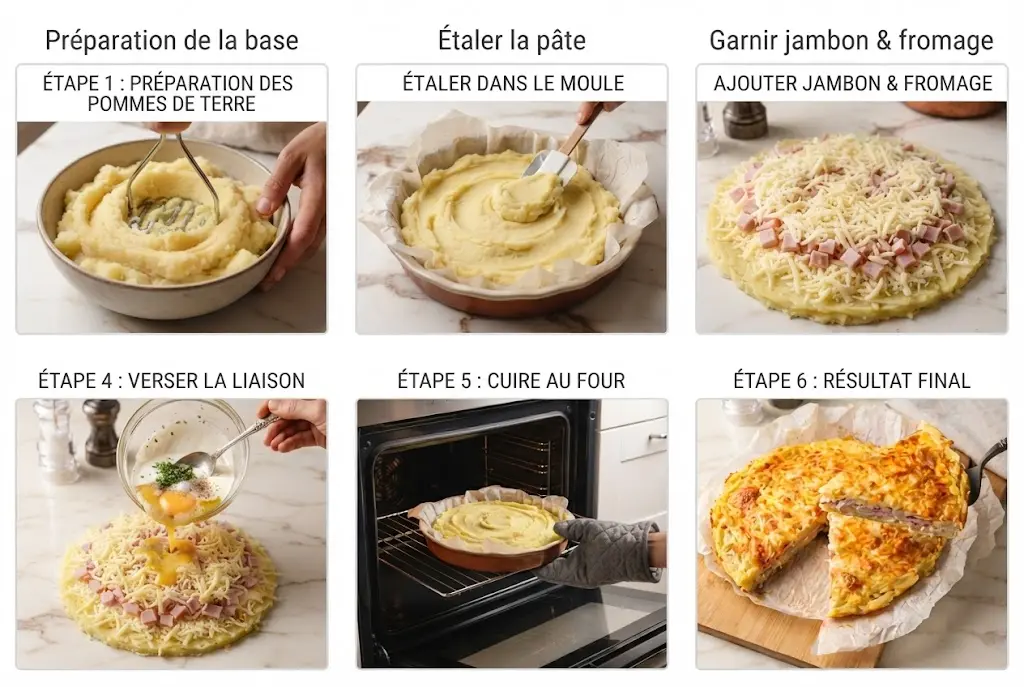 Image 2 (Étape par étape) : Étapes de préparation de la galette de pomme de terre, jambon et fromage en photos
