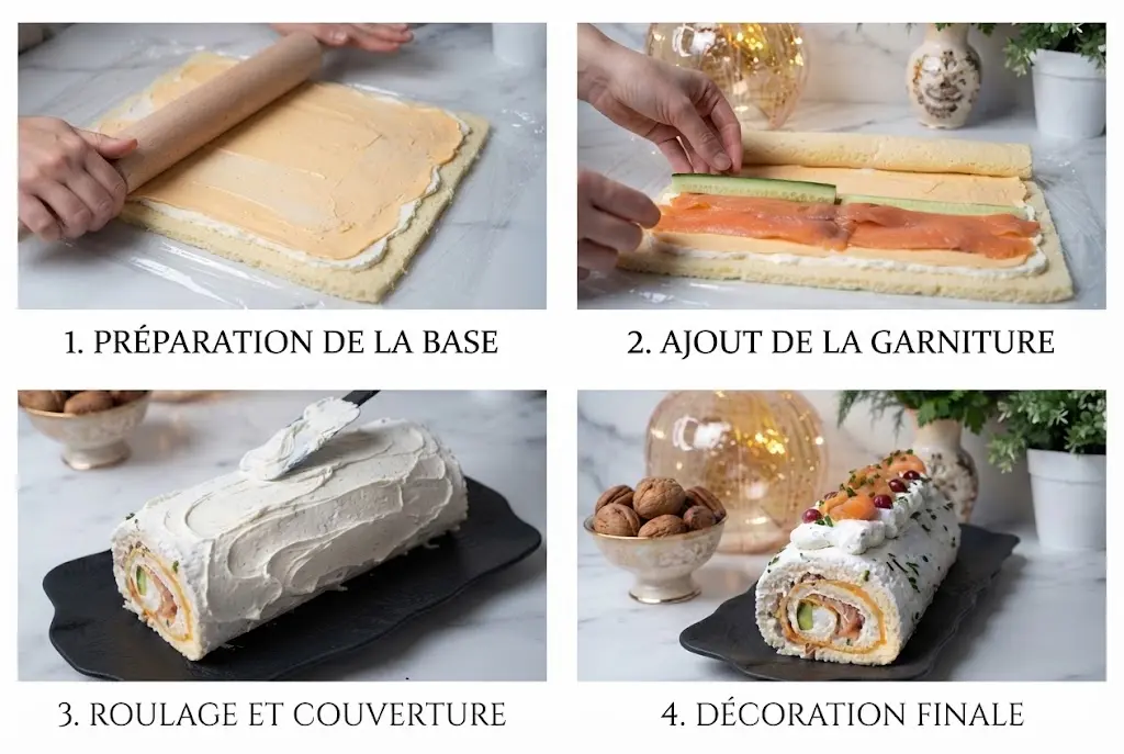 Tranche de bûche de Noël salée au saumon fumé disposée sur un élégant plan en marbre blanc.