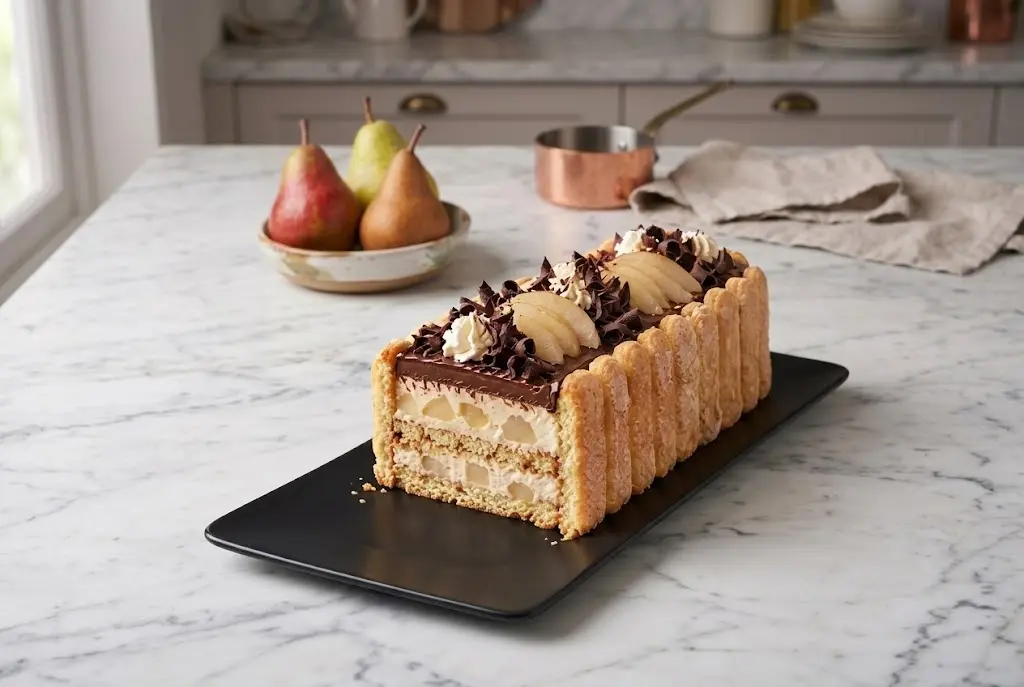 Gros plan d'une Charlotte Poire-Chocolat en Lingot coupée sur un plat noir, révélant ses couches de biscuits à la cuillère, de crème vanillée et de dés de poires, surmontée d'un glaçage au chocolat et de rosaces de chantilly.