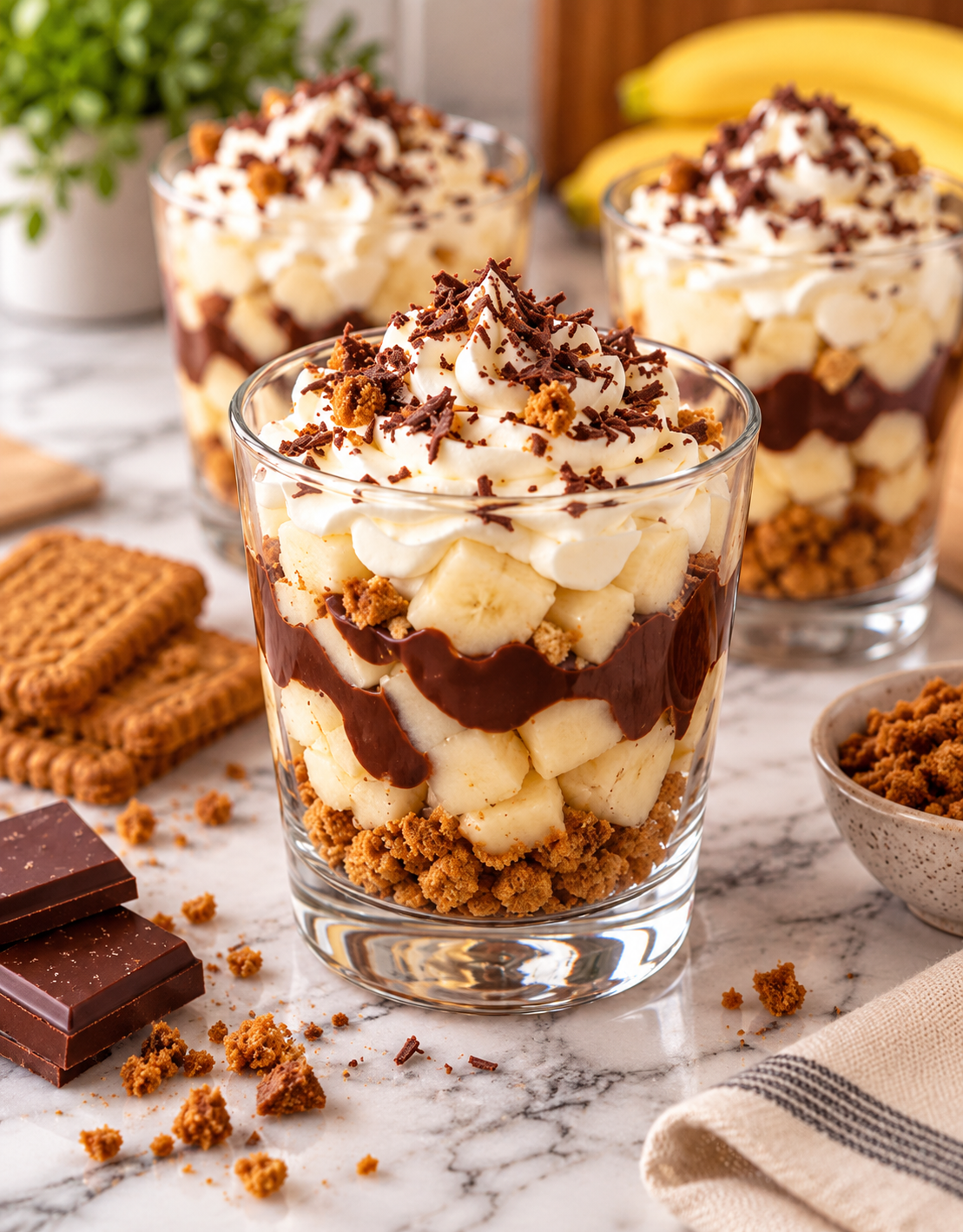 Verrines poires, bananes, chocolat et spéculoos