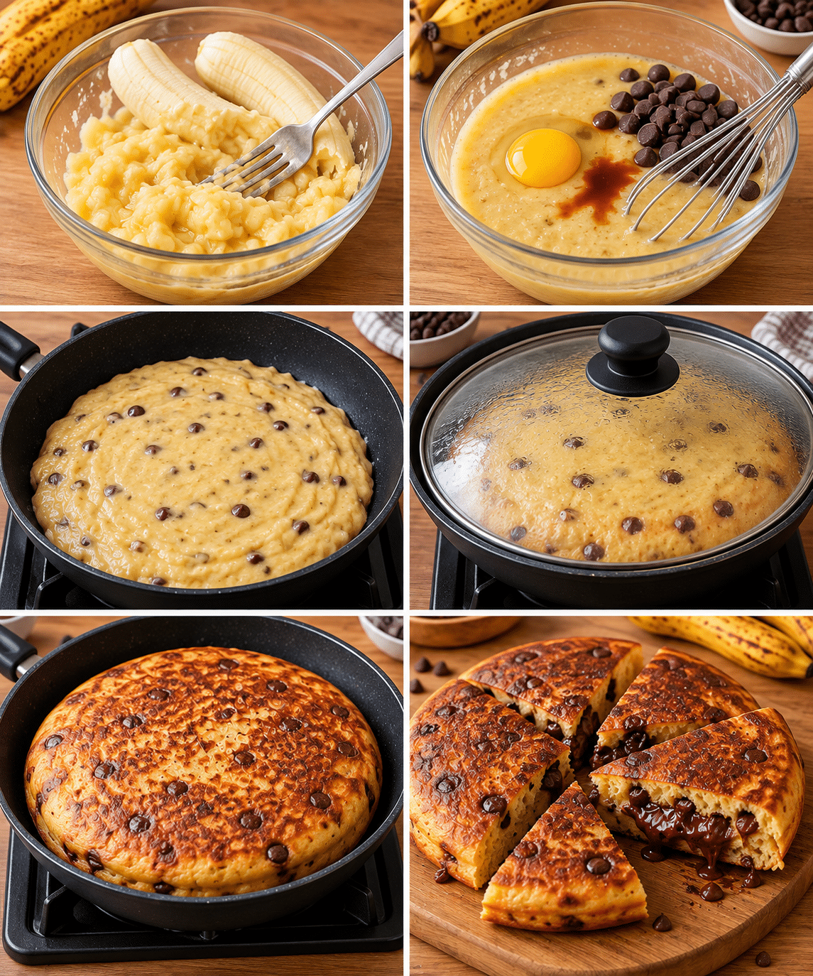 Guide de Préparation : Tarta de plátano en sartén de 3 ingredientes: esponjosa, jugosa y lista en 20 minutos