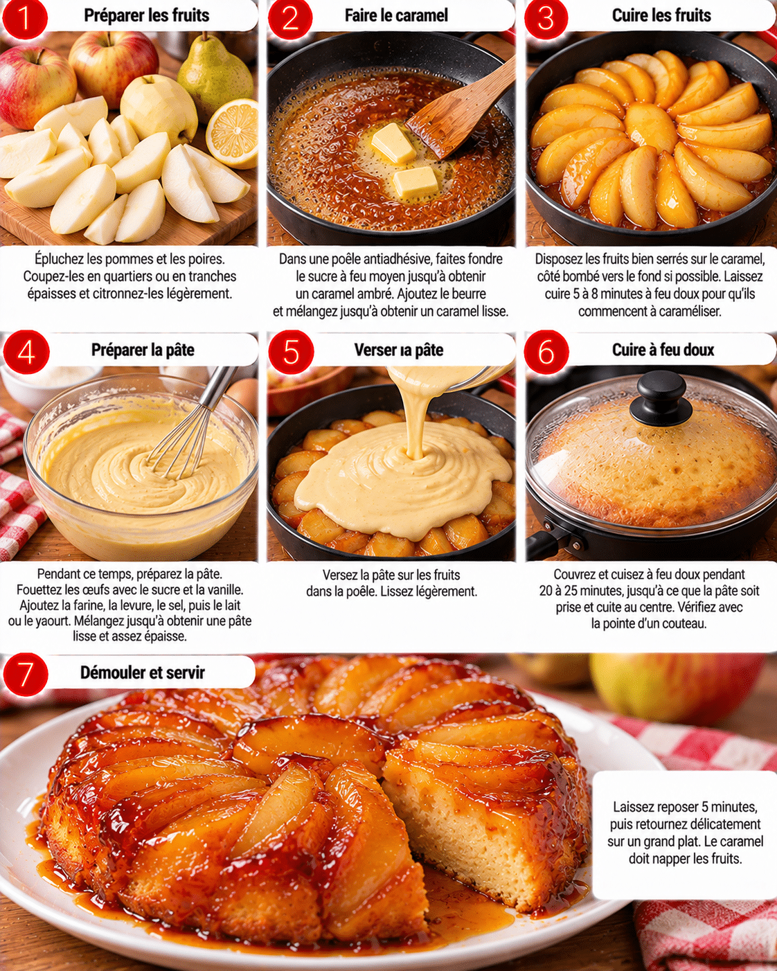 Guide de Préparation : Gâteau renversé pommes et poires caramélisées cuit à la poêle : le dessert sans four qui sent le caramel