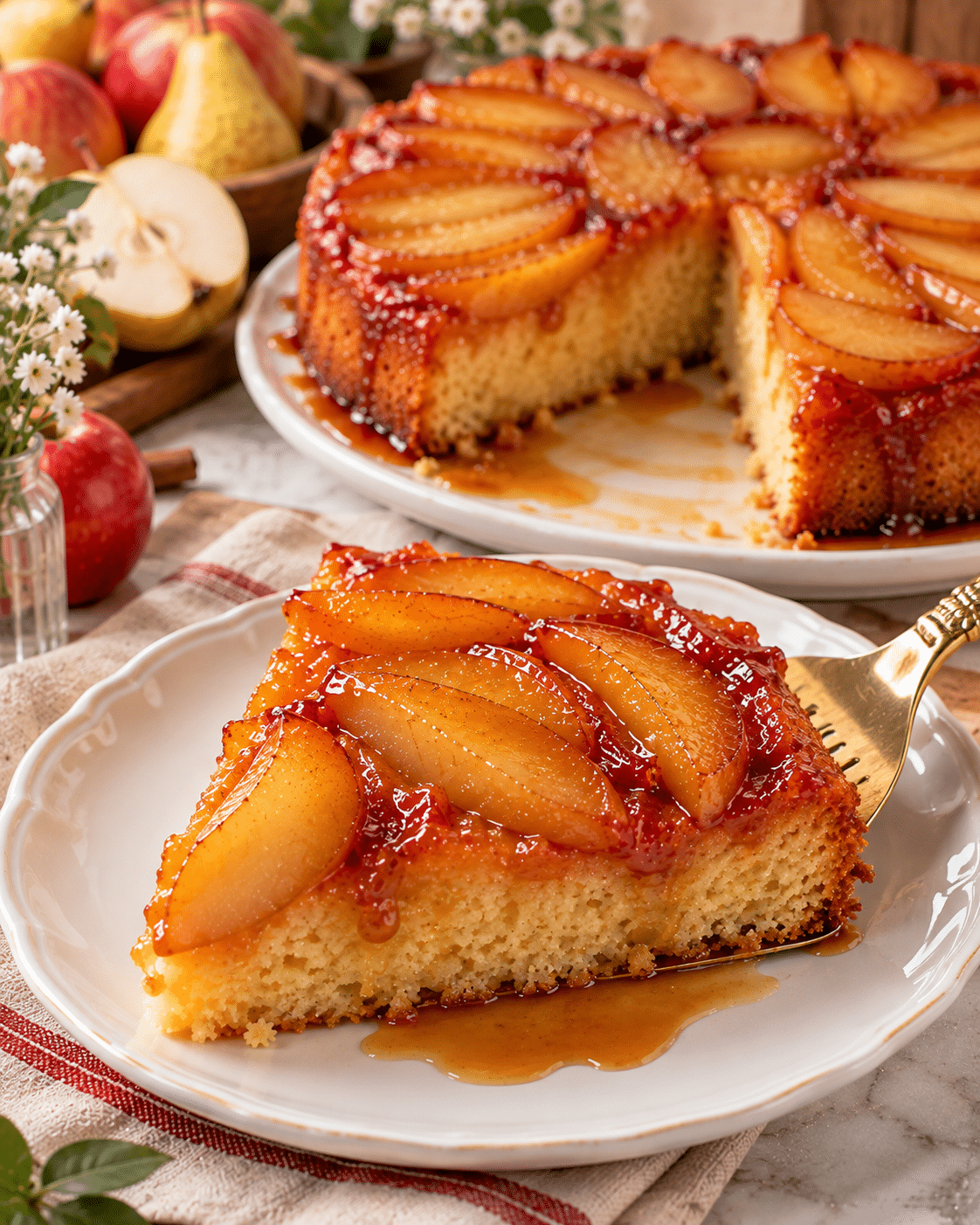 Gâteau renversé pommes et poires caramélisées cuit à la poêle : le dessert sans four qui sent le caramel