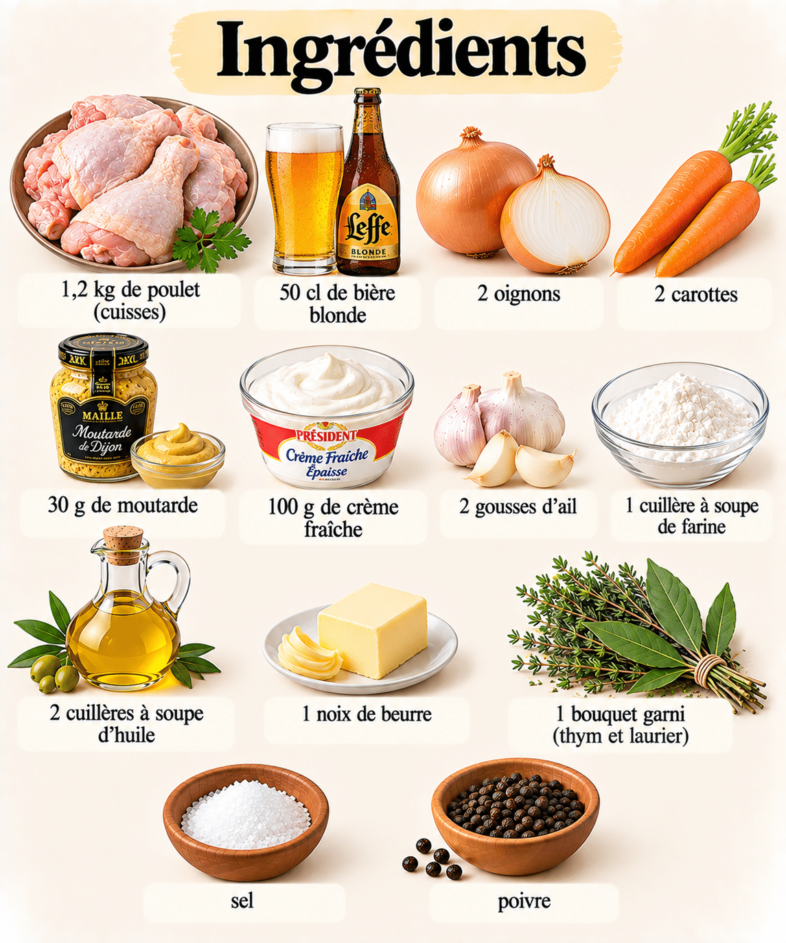 La Liste des Ingrédients : Poulet à la bière, tout en douceur : fondant, crémeux et parfumé