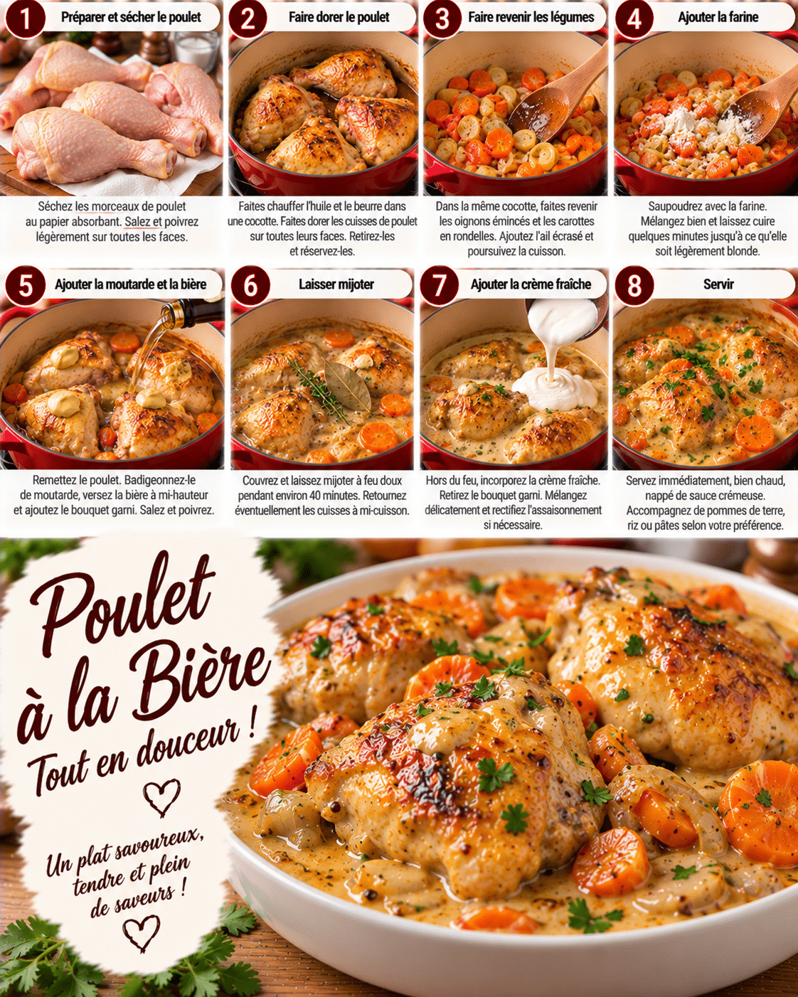 Guide de Préparation : Poulet à la bière, tout en douceur : fondant, crémeux et parfumé
