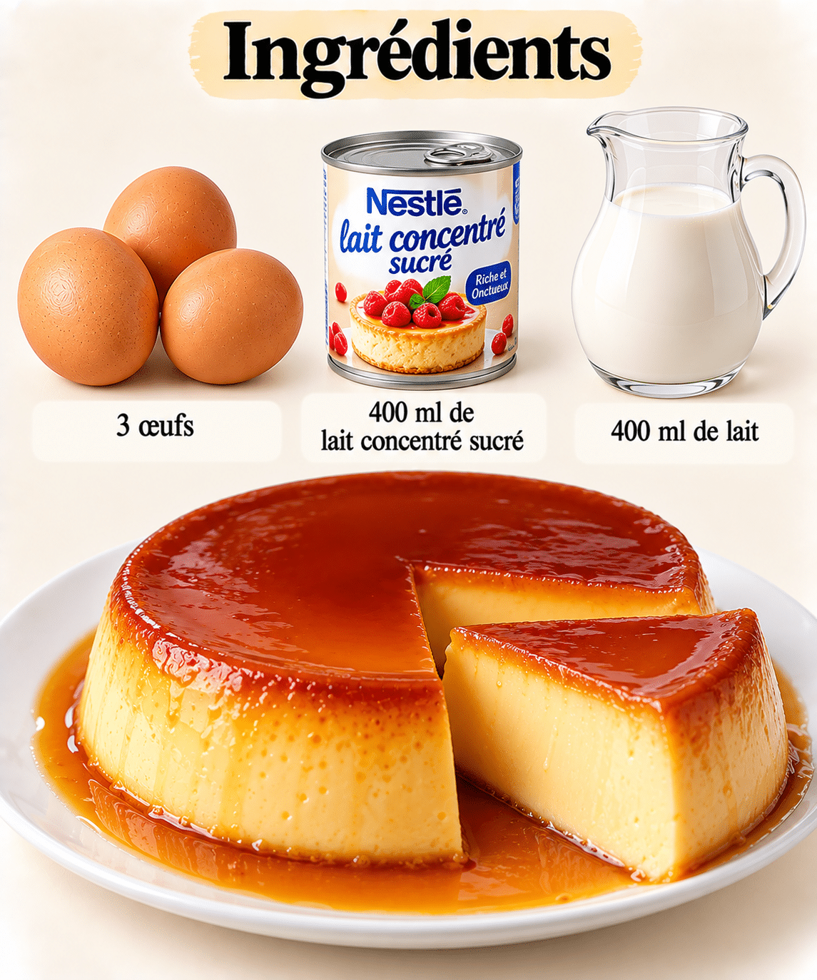 La Liste des Ingrédients : Flan Rapide 3 Ingrédients Sans Four à l’Airfryer : crémeux et facile