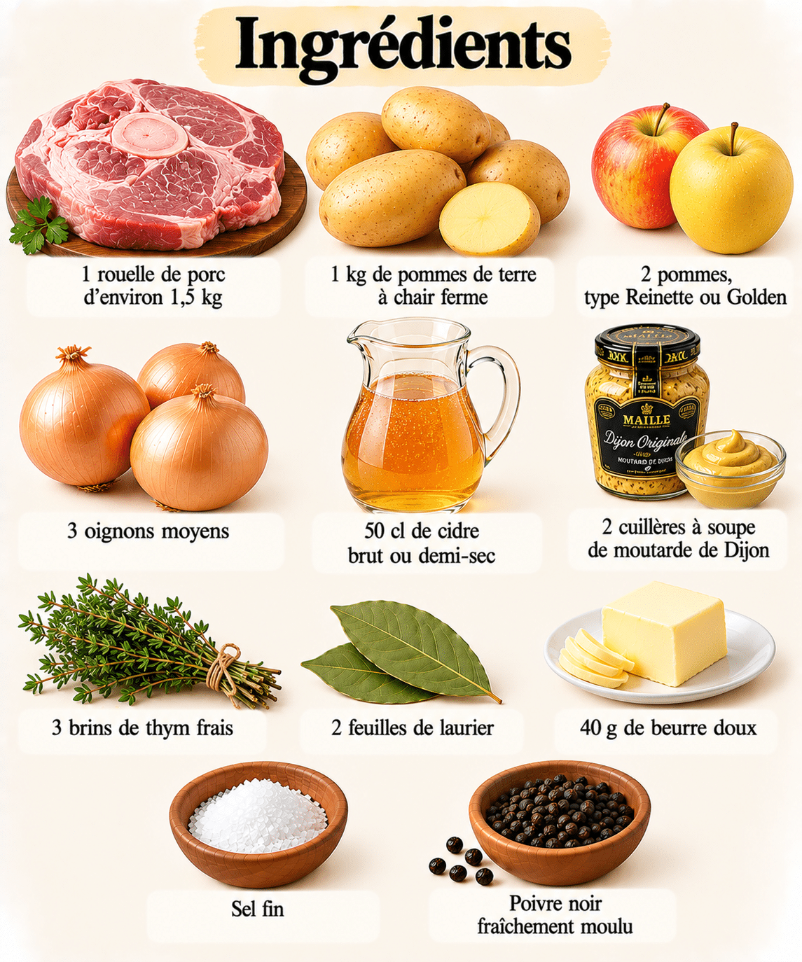 La Liste des Ingrédients :Rouelle de Porc Confite au Cidre et Pommes de Terre : un festin maison