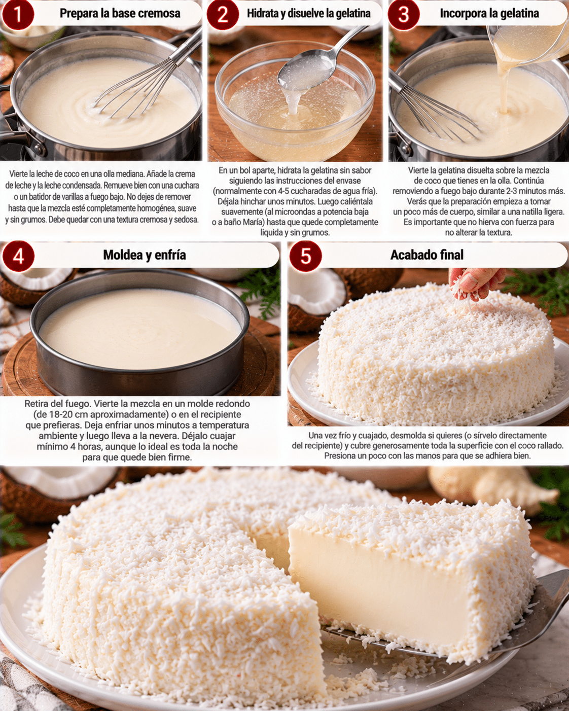 Guide de Préparation : Postre Cremoso de Coco: el postre frío más fácil, jugoso y adictivo que vas a preparar