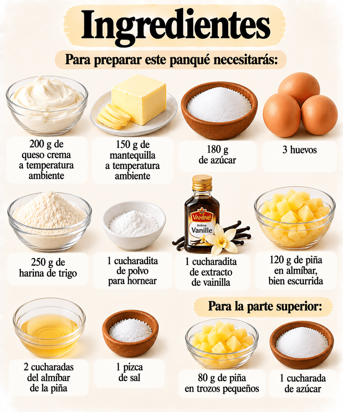 La Liste des Ingrédients : Panqué de Queso Crema con Toque de Piña