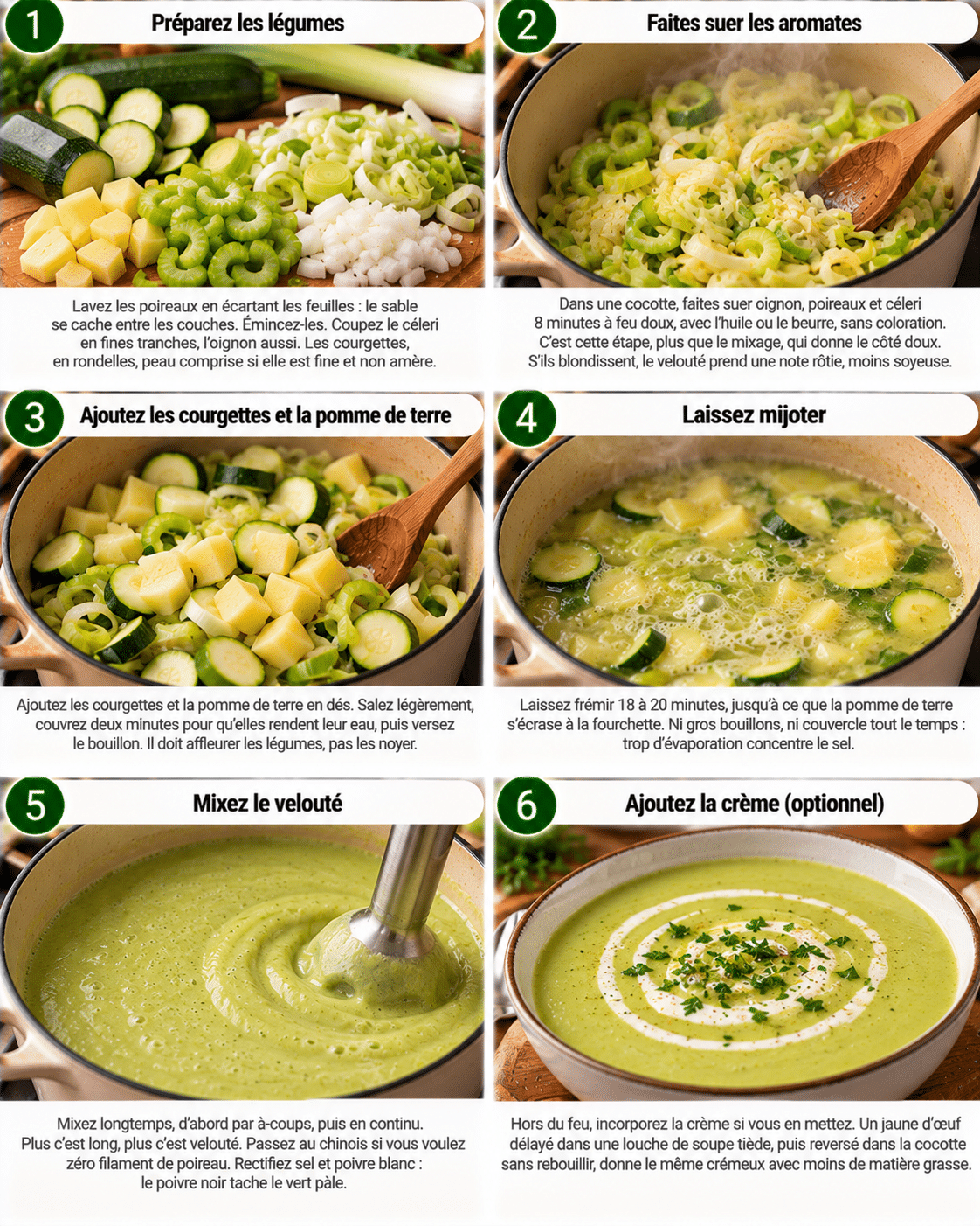Guide de Préparation : Velouté maison aux courgettes, poireaux et céleri, doux et crémeux : la soupe du soir qui réconforte sans alourdir
