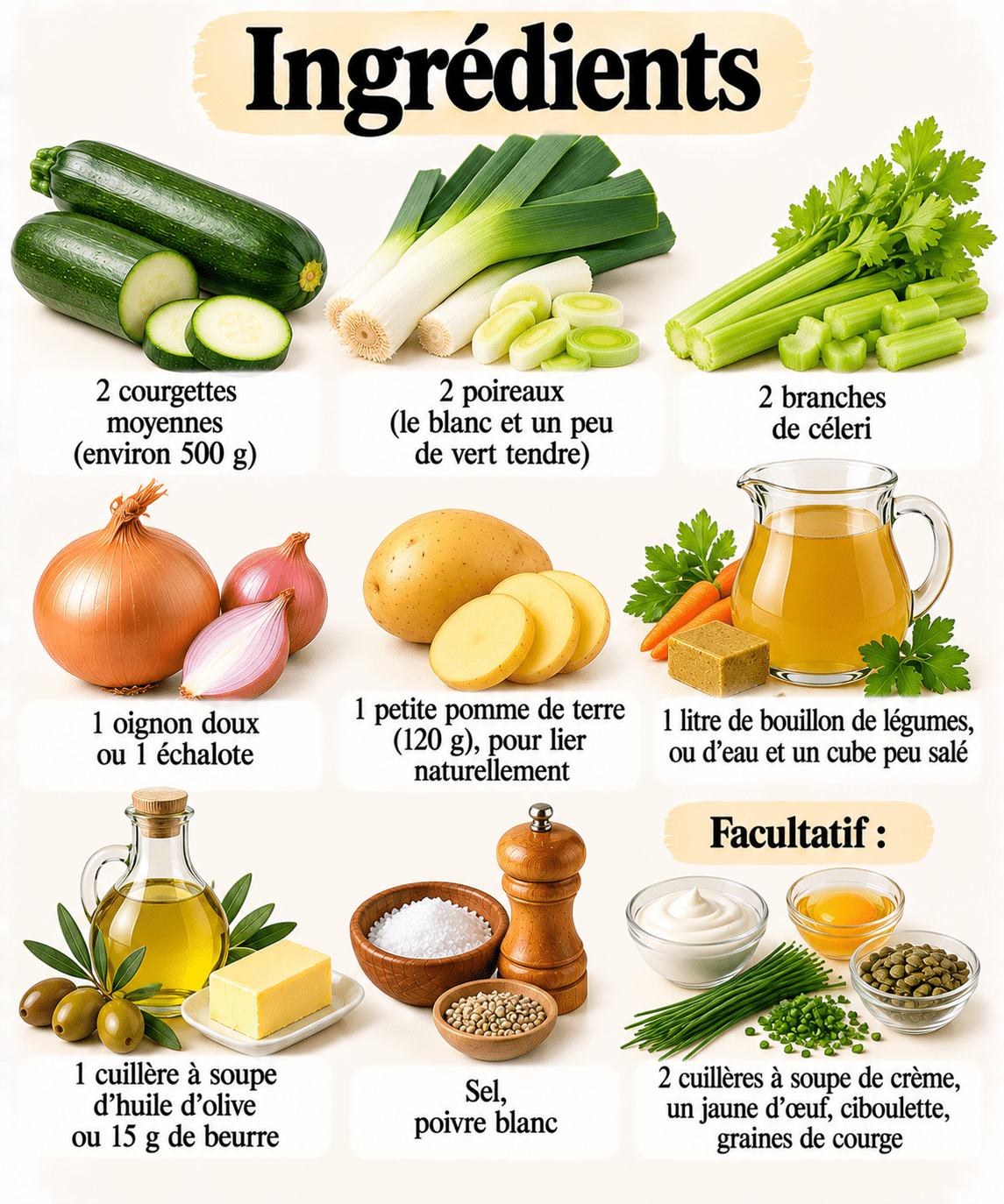 La Liste des Ingrédients : Velouté maison aux courgettes, poireaux et céleri, doux et crémeux : la soupe du soir qui réconforte sans alourdir