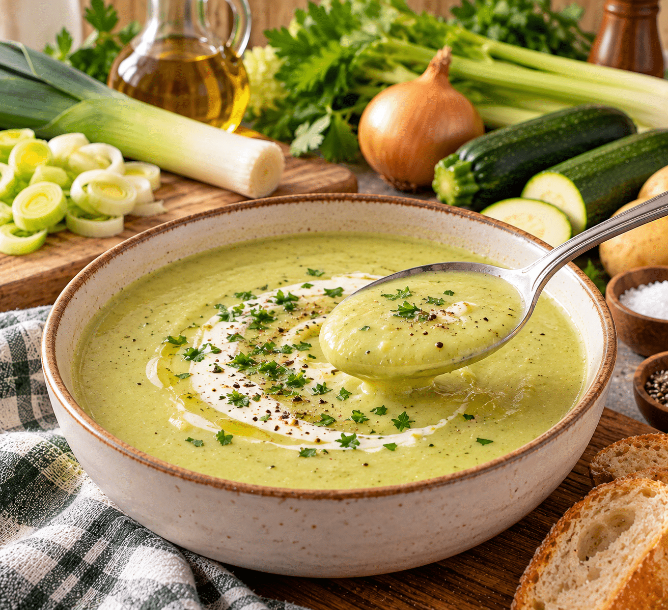 Velouté maison aux courgettes, poireaux et céleri, doux et crémeux