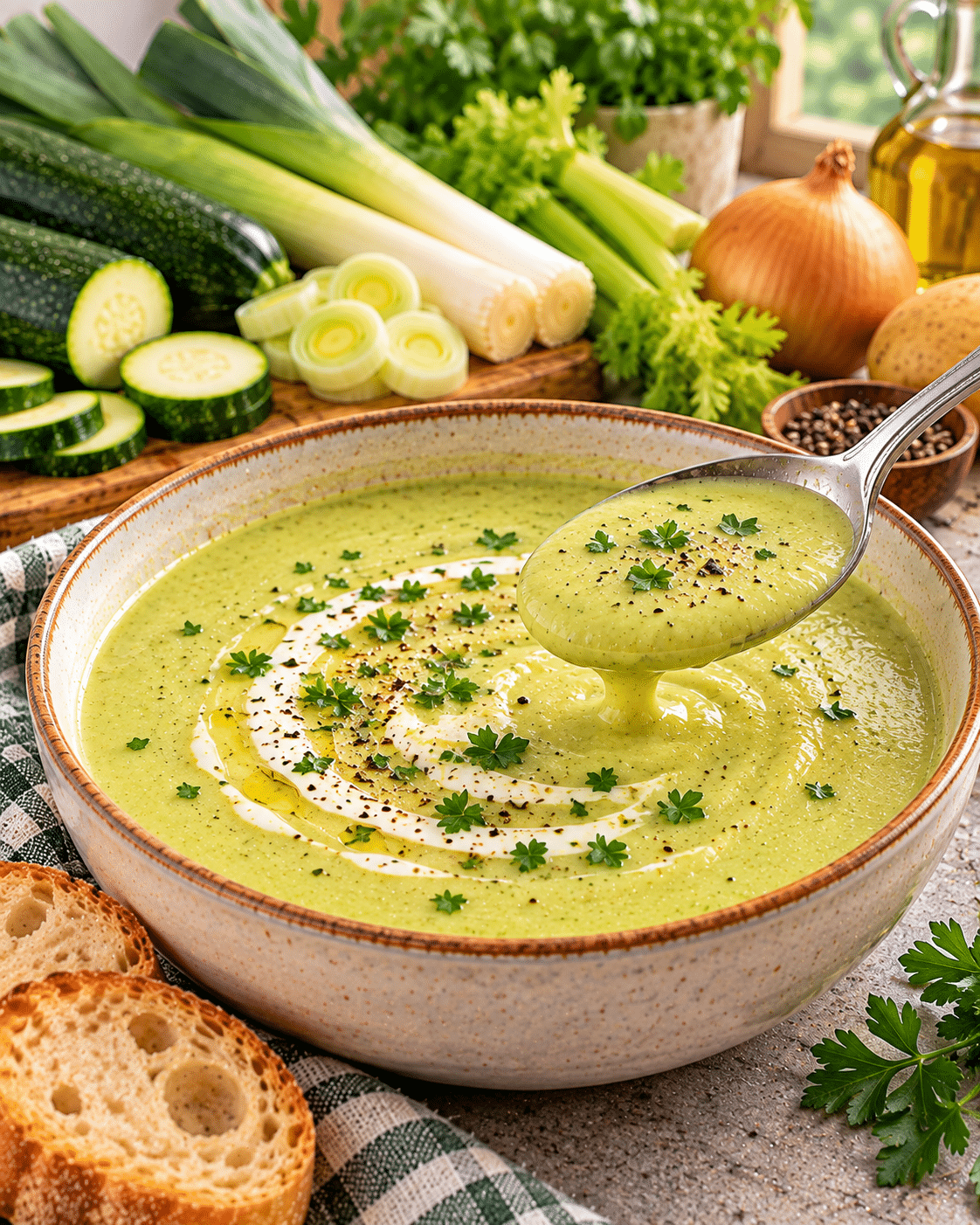 Velouté maison aux courgettes, poireaux et céleri, doux et crémeux : la soupe du soir qui réconforte sans alourdir