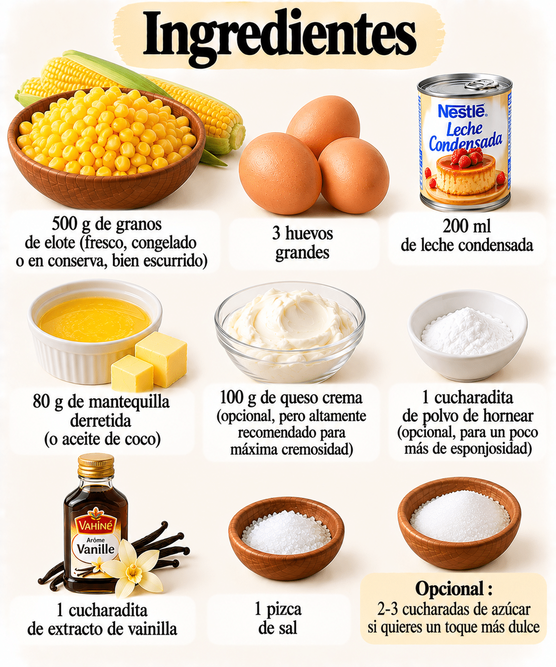 La Liste des Ingrédients : Panecito de Elote Cremoso sin Harina: esponjoso, jugoso y con todo el sabor del maíz fresco