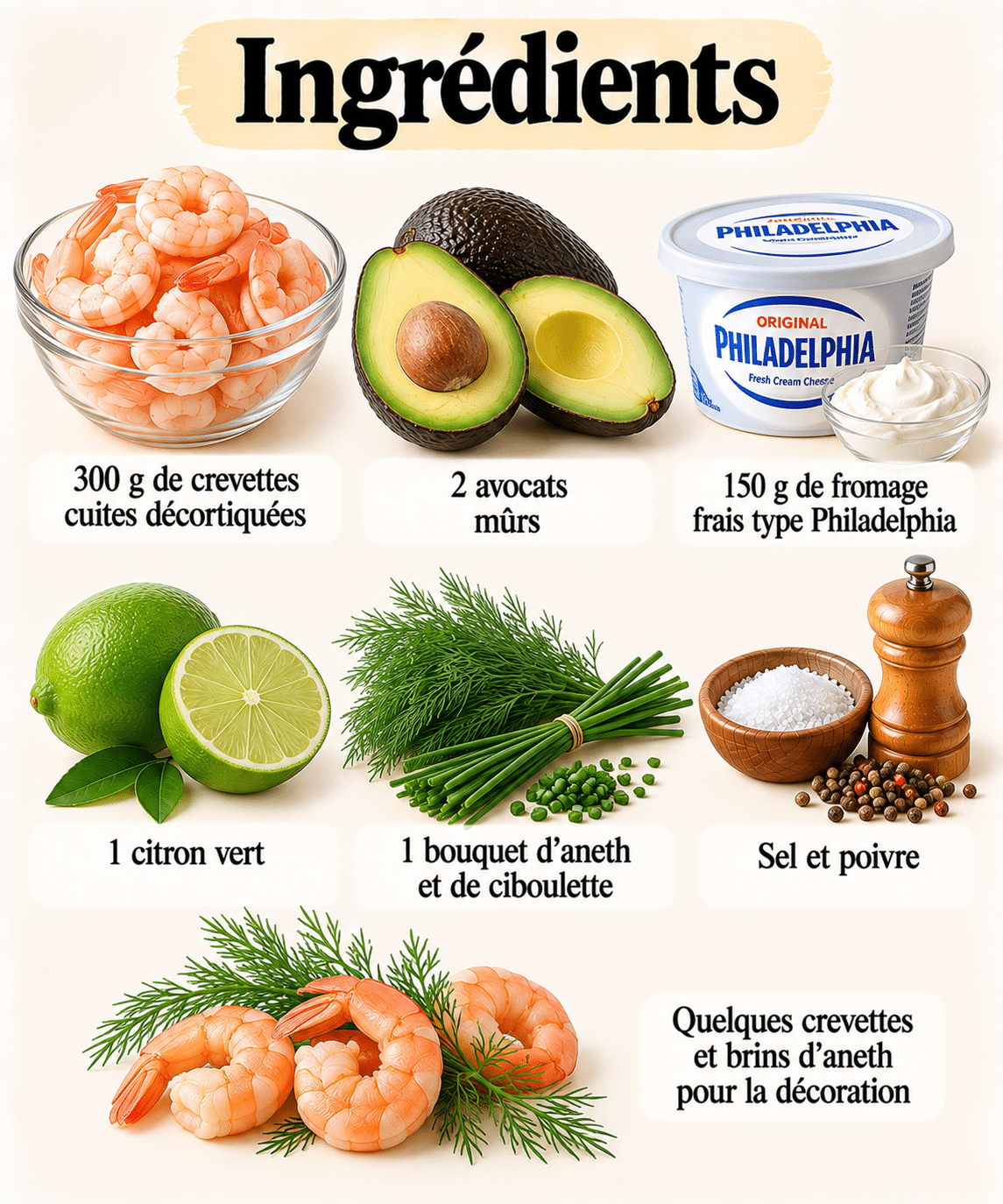 La Liste des Ingrédients : Bûche de crevettes à l’avocat et citron vert : l’entrée fraîche qui se prépare la veille