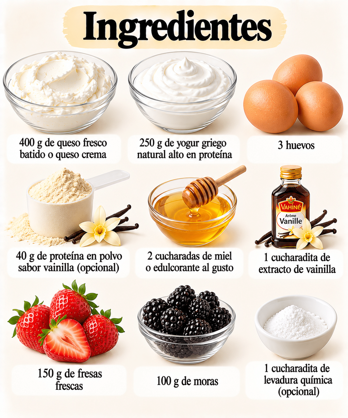 La Liste des Ingrédients : Cheesecake alto en proteína sin harina: cremoso, ligero y lleno de sabor