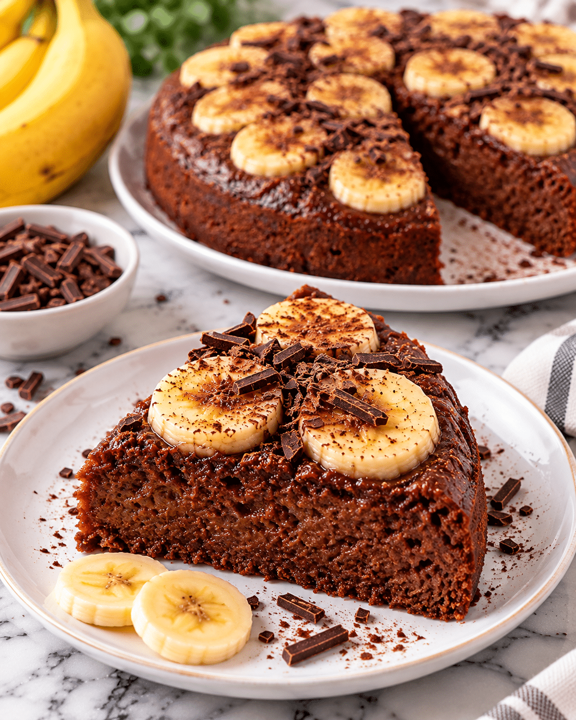 Pastel de chocolate y plátano en sartén