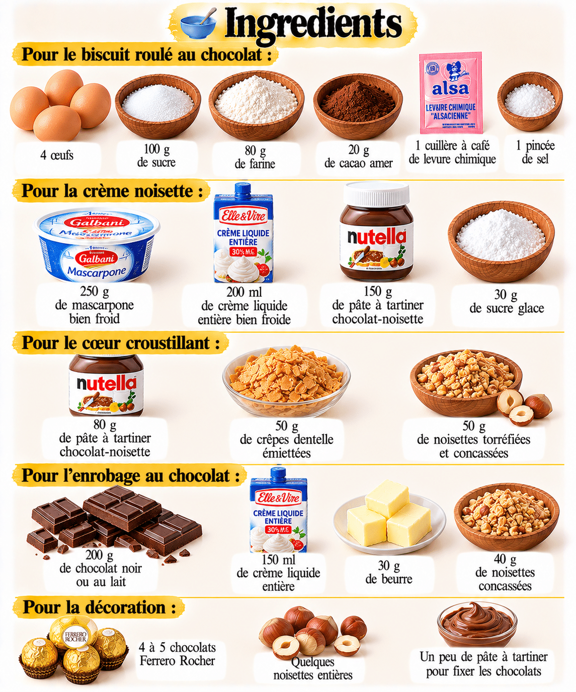La Liste des Ingrédients : Bûche façon Ferrero Rocher : biscuit au chocolat, crème noisette et cœur croustillant