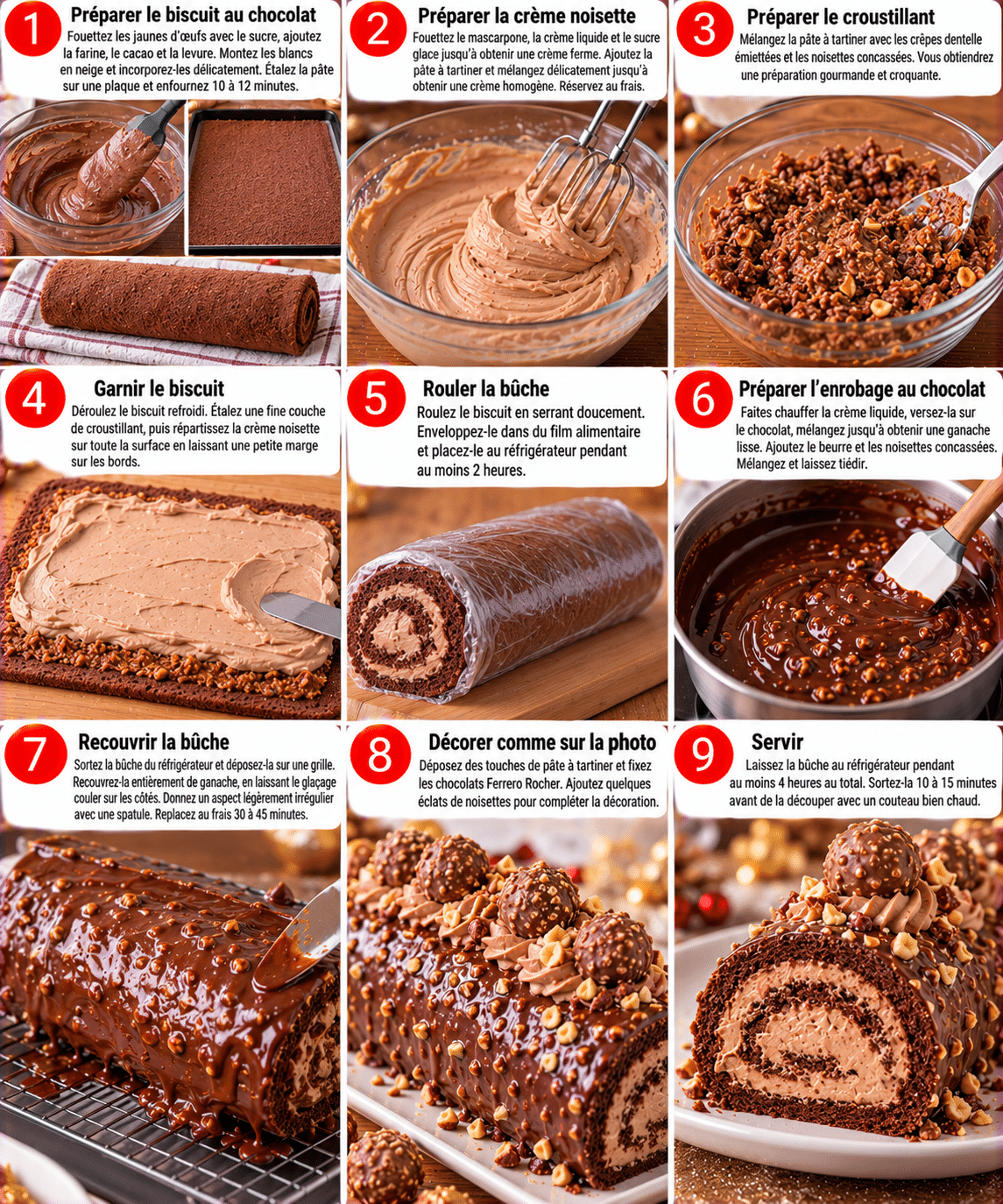 Guide de Préparation : Bûche façon Ferrero Rocher : biscuit au chocolat, crème noisette et cœur croustillant