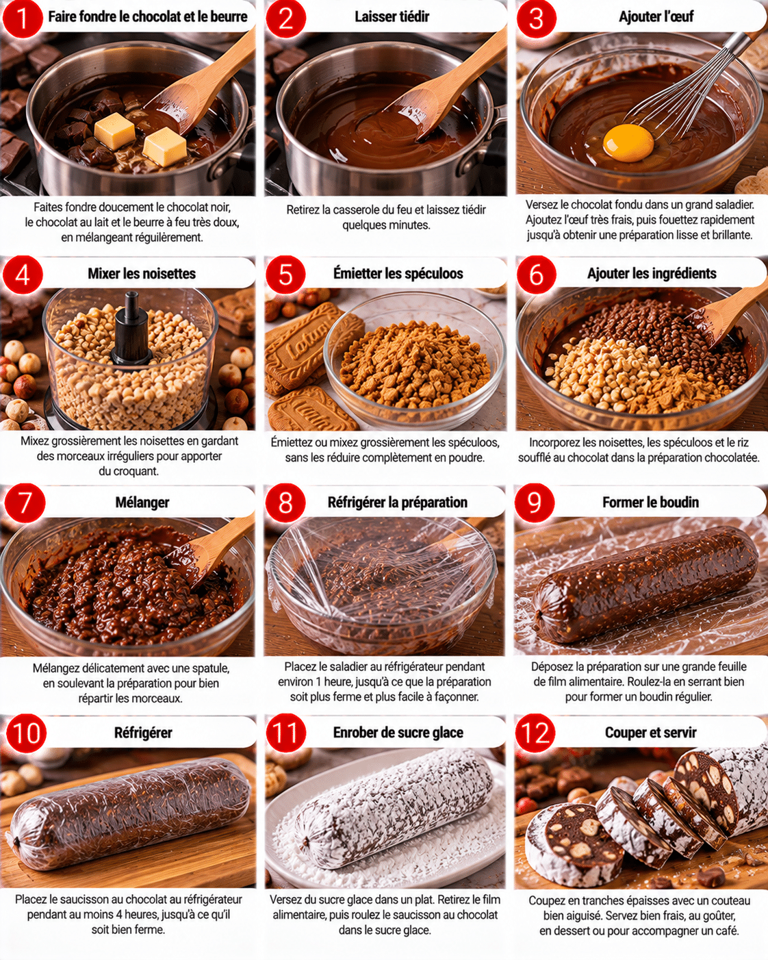 Guide de Préparation : Saucisson au chocolat sans cuisson : le dessert ludique qui se coupe en tranches Guide de Préparation : Saucisson au chocolat sans cuisson : le dessert ludique qui se coupe en tranches