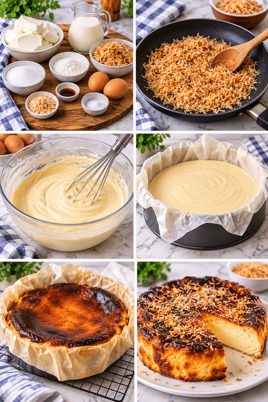 Guide de Préparation : Tarta de queso vasca con coco tostado: cremosa, caramelizada y con un toque tropical irresistible