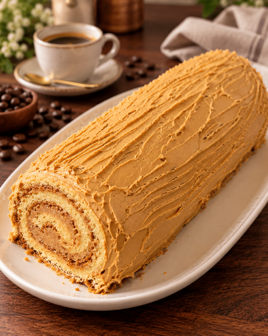 Bûche pâtissière au café, moelleuse et crémeuse