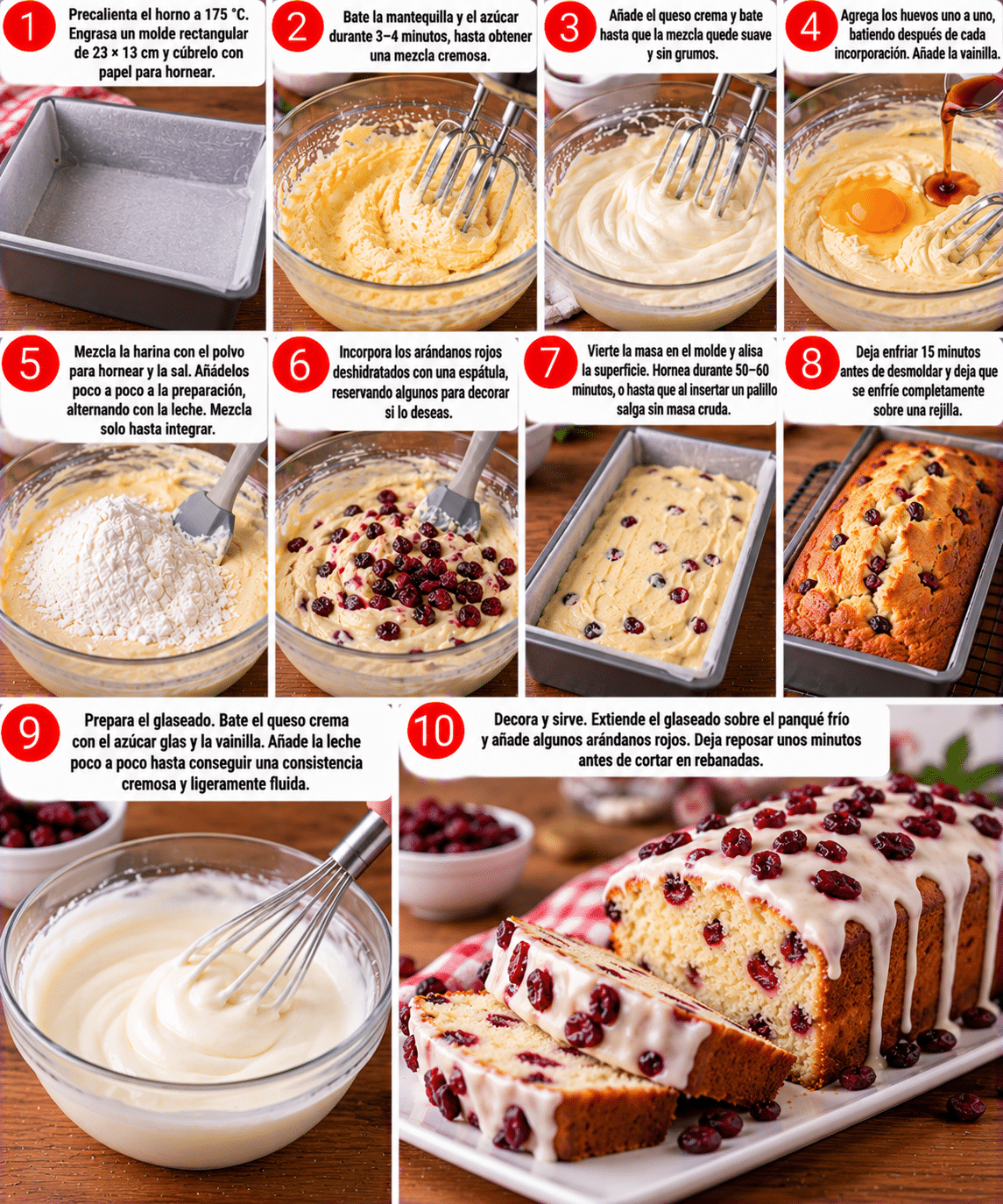 Guide de Préparation : Panqué de queso crema y arándanos rojos: suave, húmedo y con un contraste irresistible