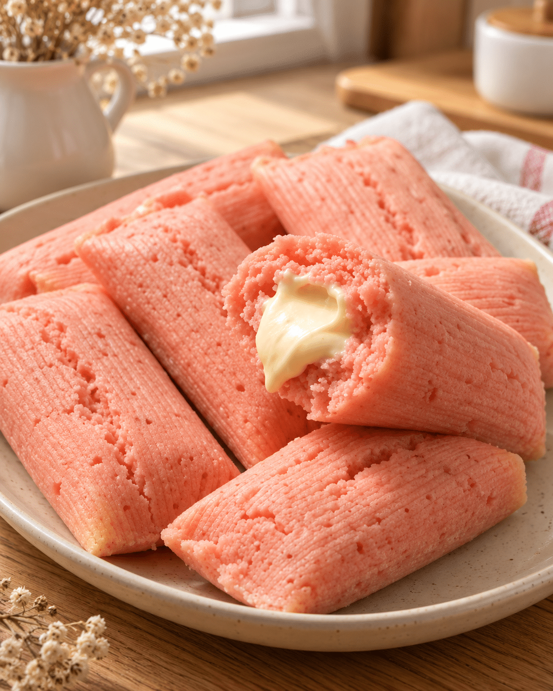 Tamales dulces rosas con queso crema: esponjosos, rellenos y con sabor a fiesta