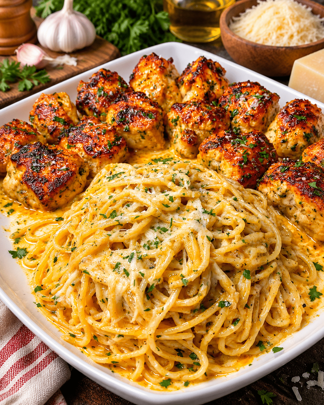 Buttery Garlic Chicken Spaghetti in Three-Cheese Alfredo Sauce