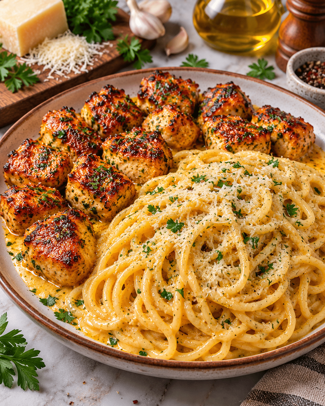 Buttery Garlic Chicken Spaghetti in Three-Cheese Alfredo Sauce