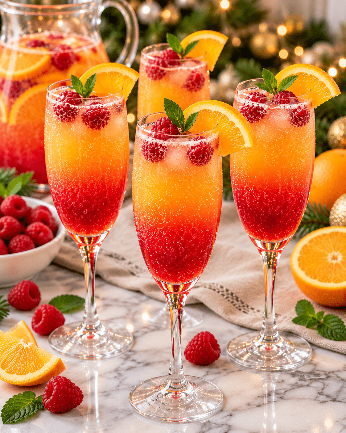 Cocktail Bellini spécial Noël sans alcool : boisson pétillante, fruitée et festive