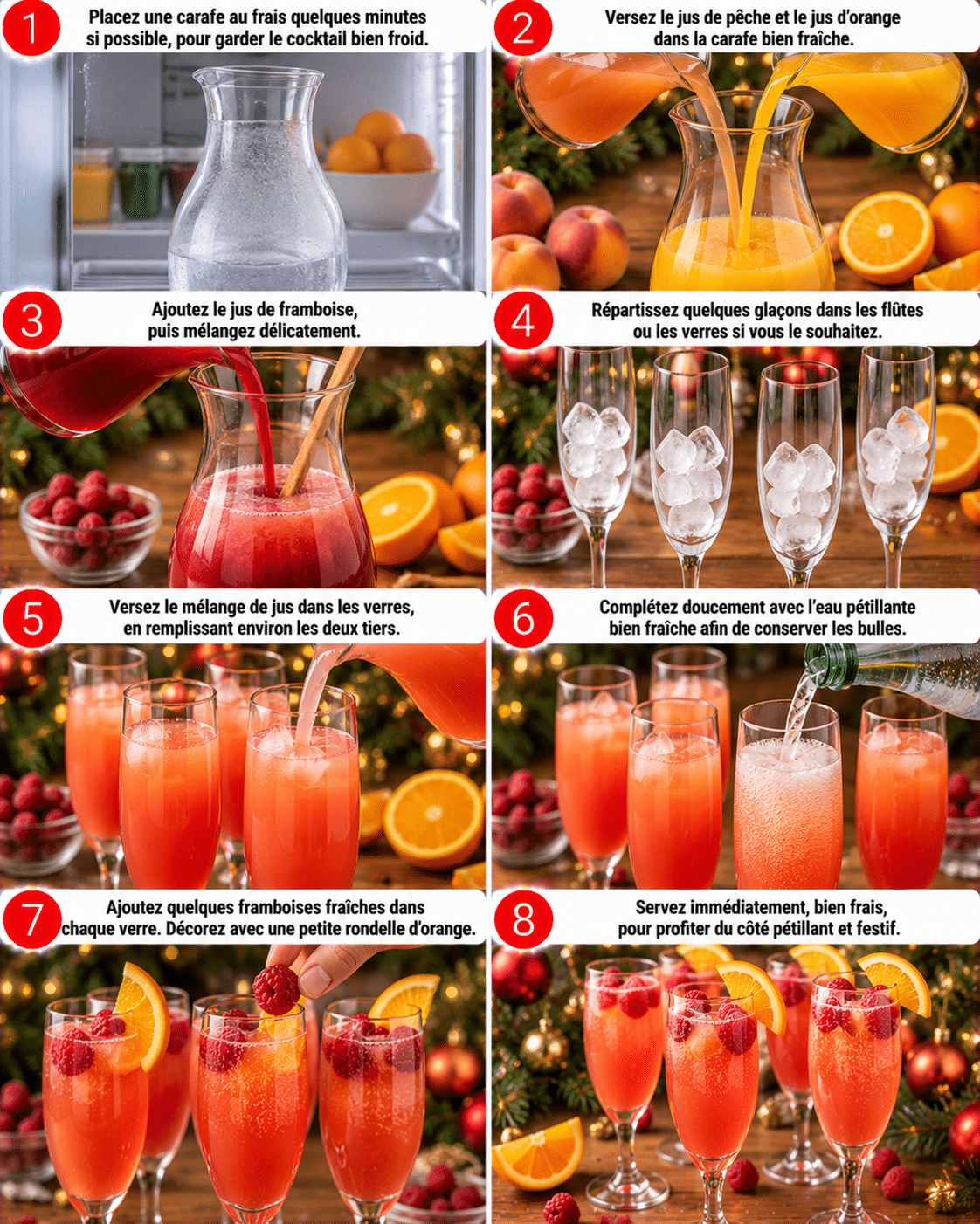 Guide de Préparation : Cocktail Bellini spécial Noël sans alcool : boisson pétillante, fruitée et festive