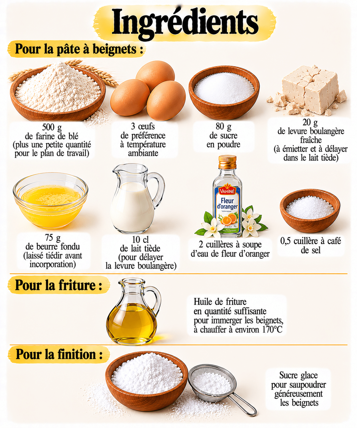 La Liste des Ingrédients : Beignets de carnaval comme chez grand-mère : la recette traditionnelle à la fleur d’oranger