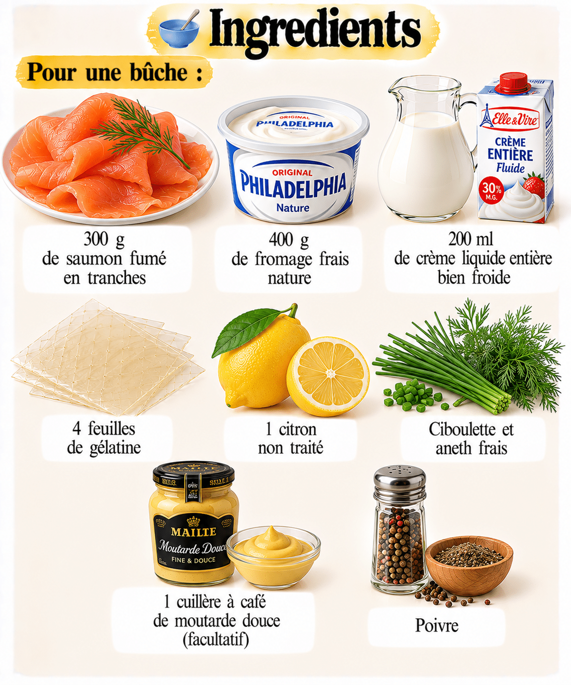 La Liste des Ingrédients : Bûche au saumon et fromage frais : la recette froide chic et élégante