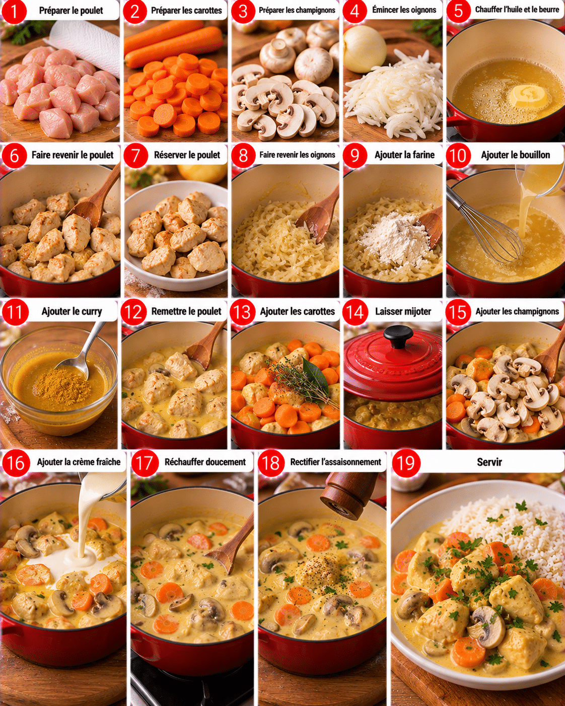 Guide de Préparation :Blanquette de poulet au curry doux : la version familiale crémeuse Guide de Préparation :Blanquette de poulet au curry doux : la version familiale crémeuse