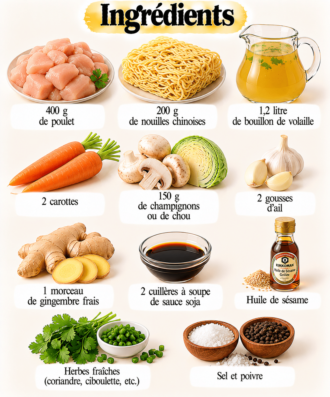 La Liste des Ingrédients : La réconfortante soupe chinoise aux nouilles et poulet : le bol qui réchauffe