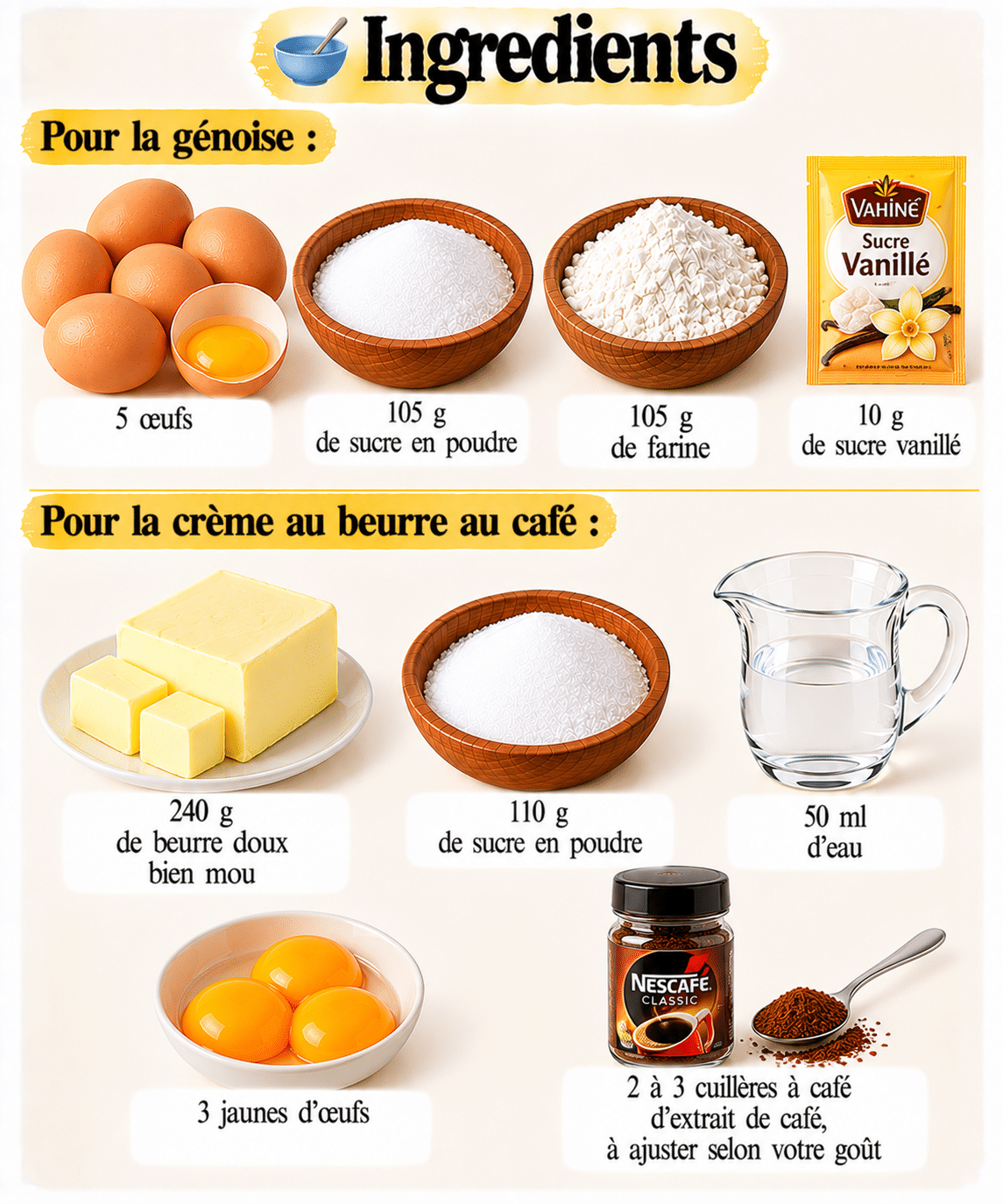 La Liste des Ingrédients : Bûche pâtissière au café, moelleuse et crémeuse : la recette élégante pour les fêtes