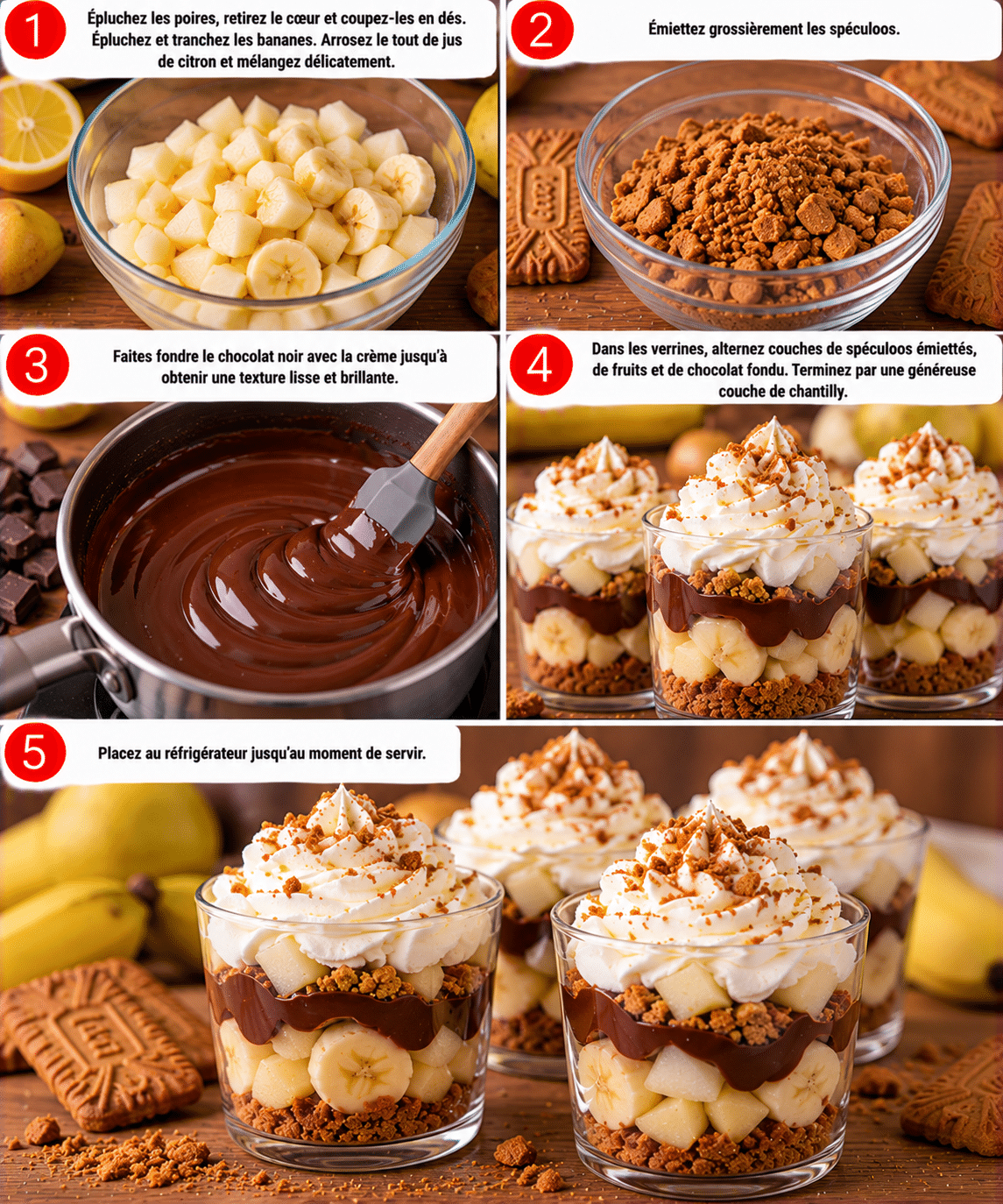 Guide de Préparation : Verrines poires, bananes, chocolat et spéculoos : le dessert rapide et gourmand