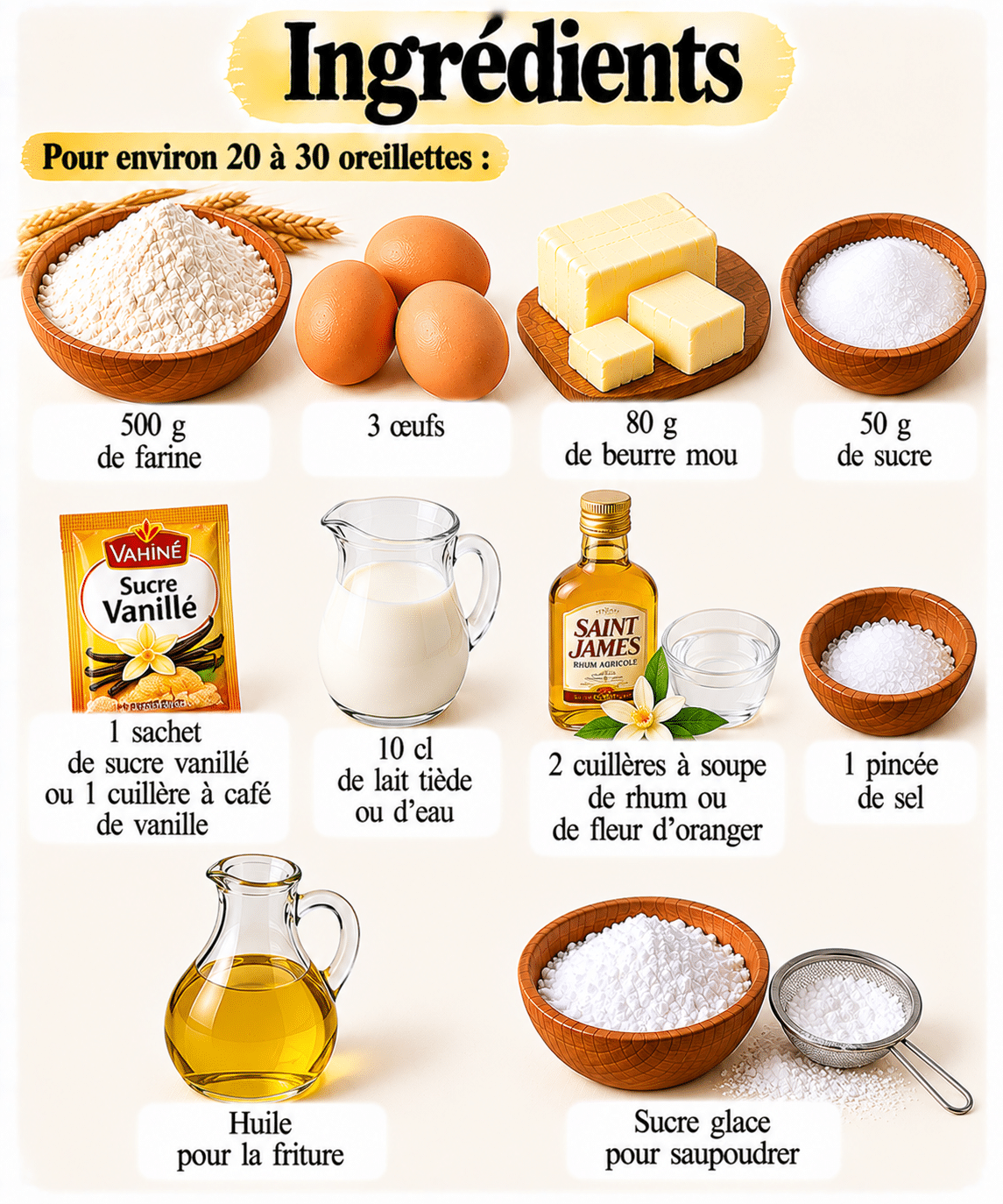La Liste des Ingrédients : Les oreillettes croustillantes de grand-mère : les beignets fins qui sentent le carnaval Guide de Préparation : Les oreillettes croustillantes de grand-mère : les beignets fins qui sentent le carnaval