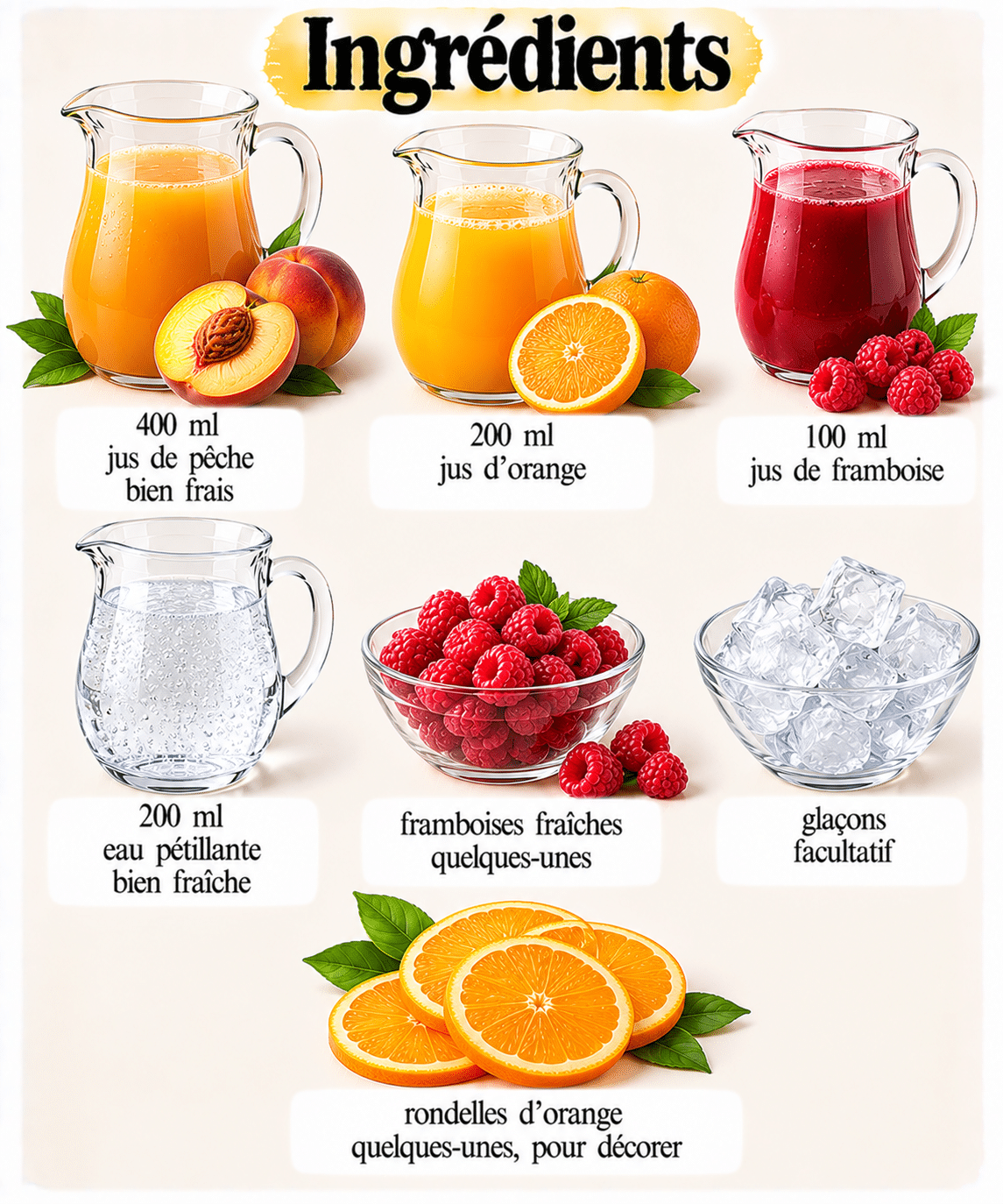 La Liste des Ingrédients : Cocktail Bellini spécial Noël sans alcool : boisson pétillante, fruitée et festive
