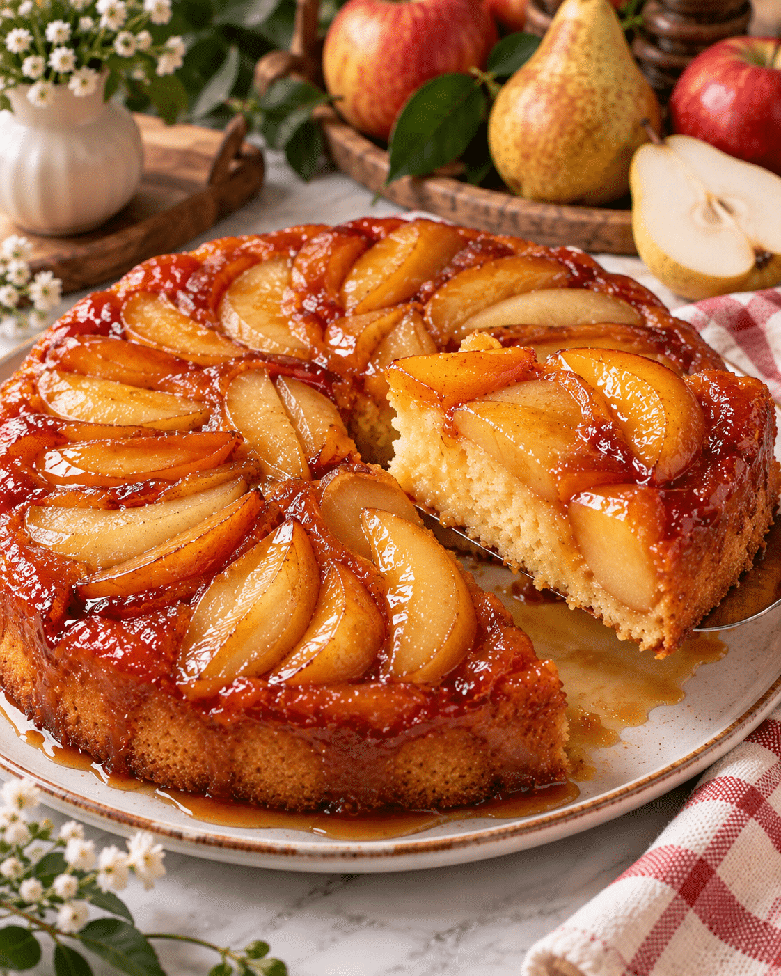 Gâteau renversé pommes et poires caramélisées cuit à la poêle