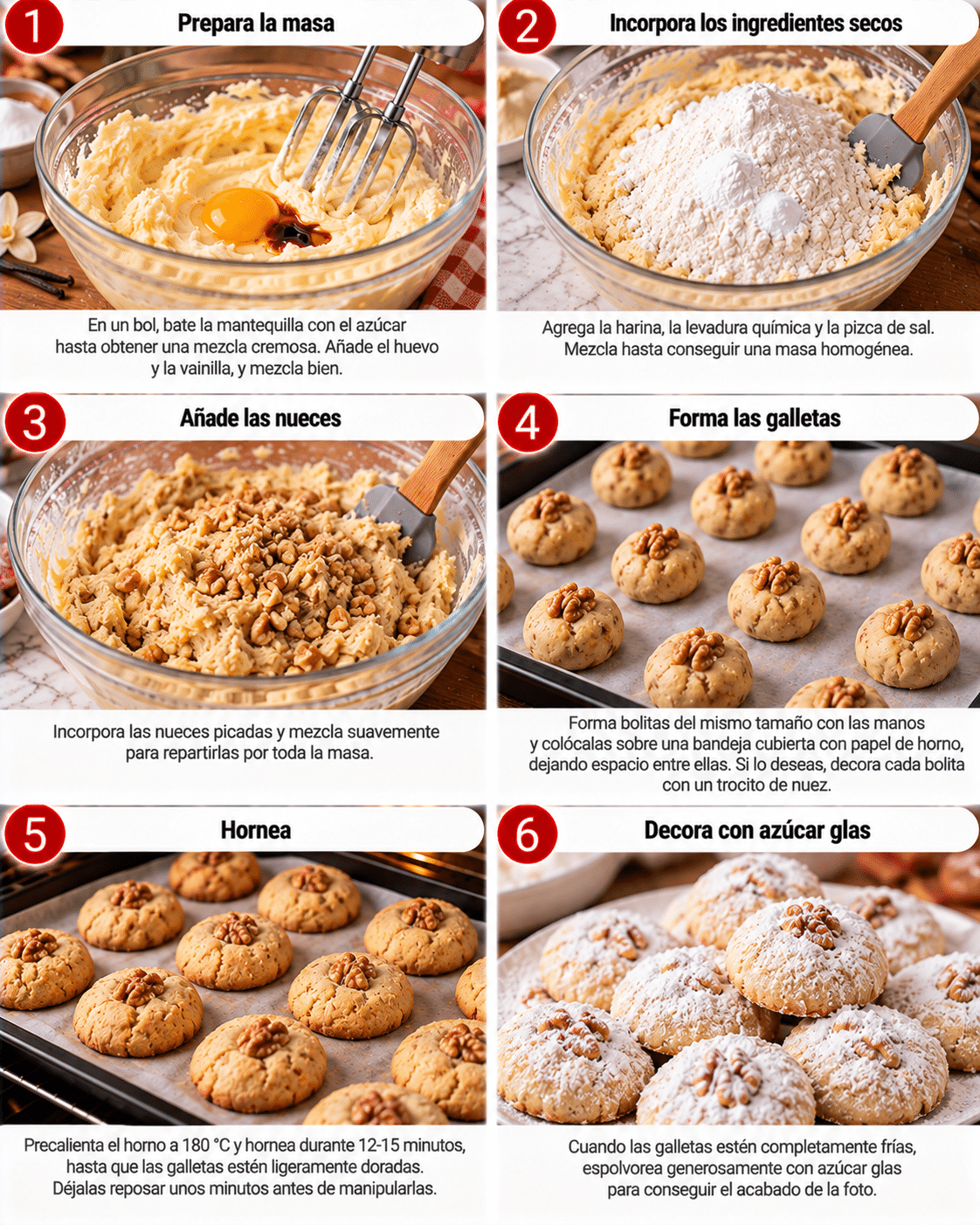 Guide de Préparation : Galletas caseras de nueces y azúcar glas: tiernas, aromáticas y perfectas con el café Guide de Préparation : Galletas caseras de nueces y azúcar glas: tiernas, aromáticas y perfectas con el café
