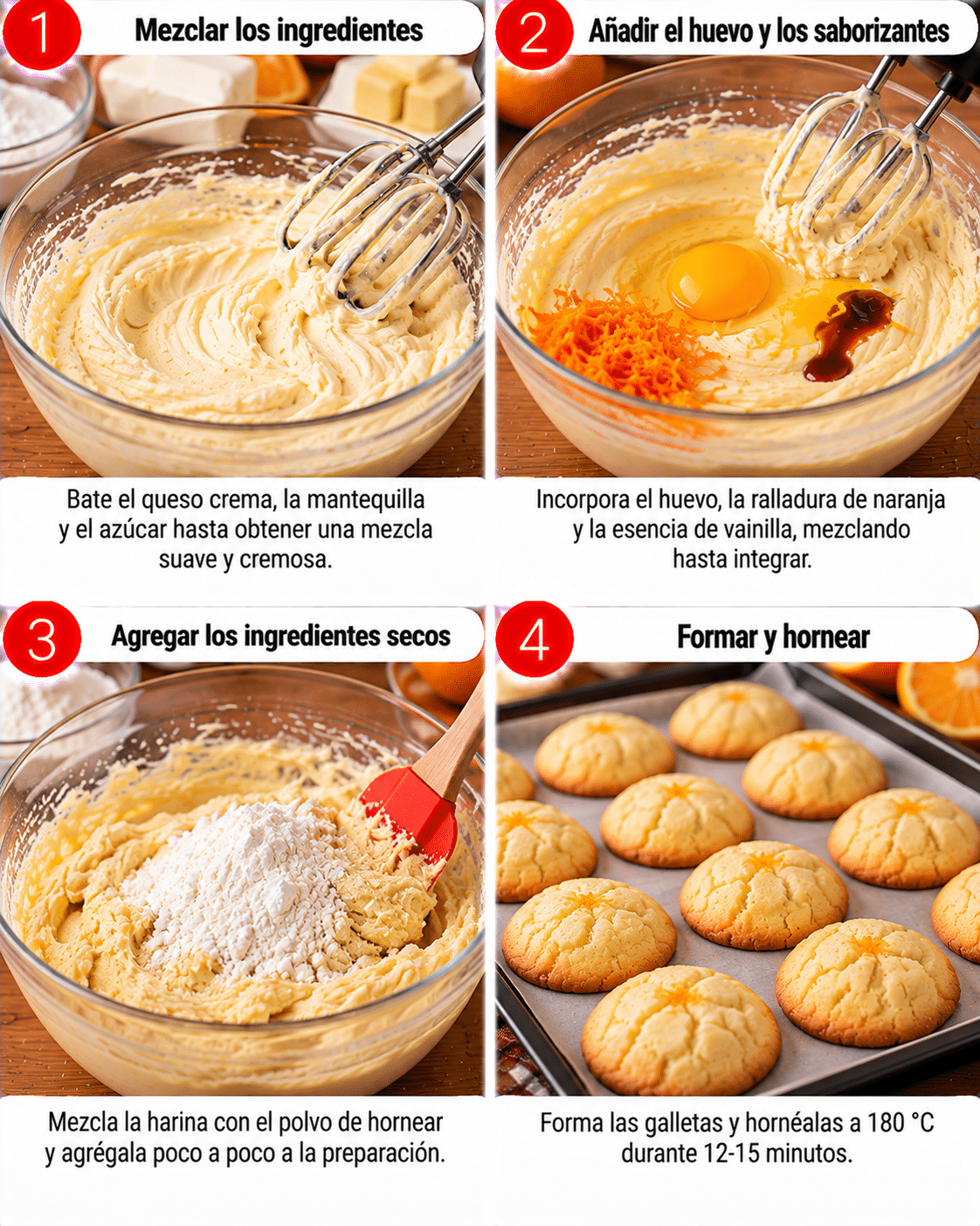 Guide de Préparation : Galletas de queso crema y naranja: suaves, aromáticas y con un toque cítrico irresistible