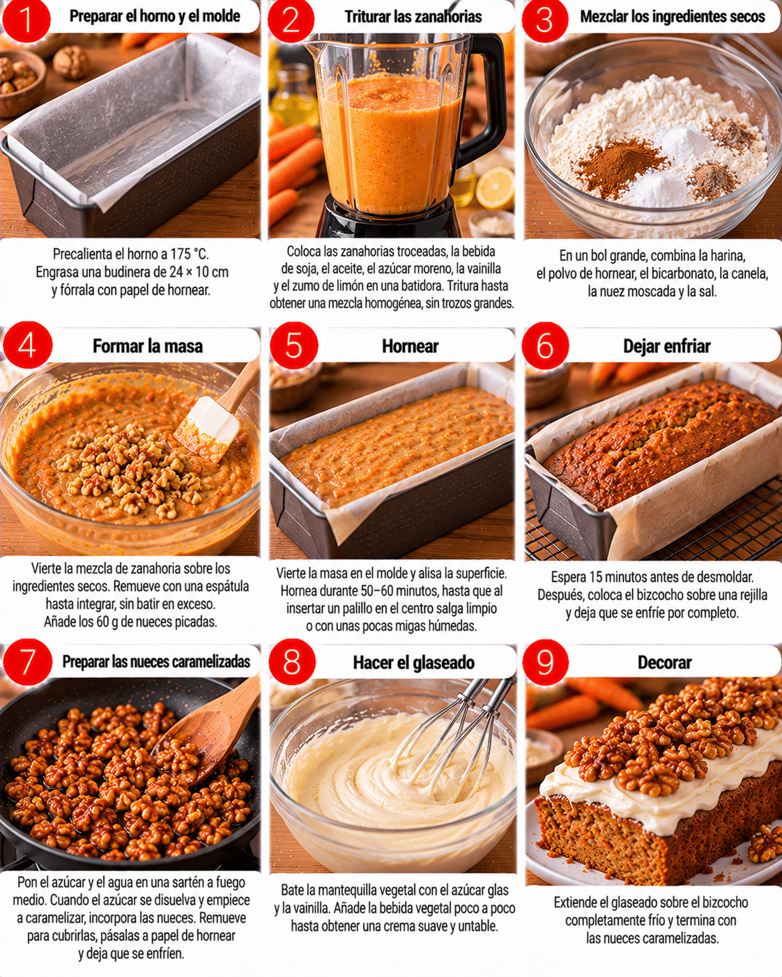 Guide de Préparation : Bizcocho vegano de zanahoria y nueces: jugoso, aromático y 100 % vegetal Guide de Préparation : Bizcocho vegano de zanahoria y nueces: jugoso, aromático y 100 % vegetal
