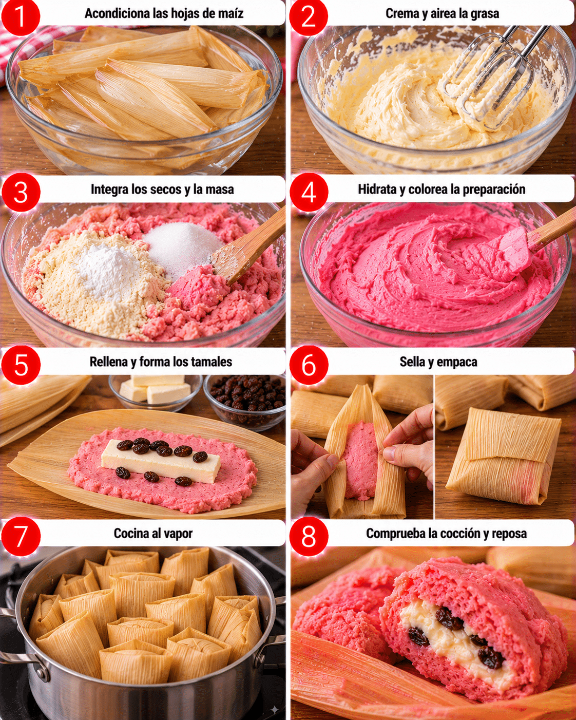 Guide de Préparation : Tamales dulces rosas con queso crema: esponjosos, rellenos y con sabor a fiesta